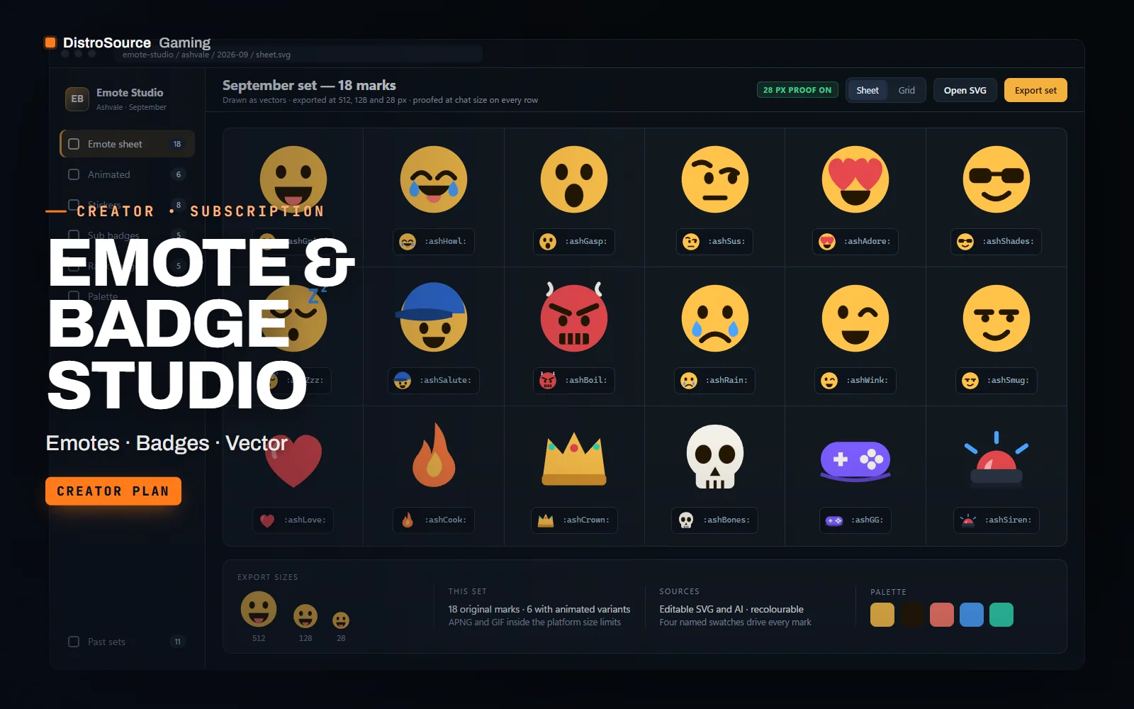 Sheet of eighteen original vector emotes, each with a 28 pixel proof directly beneath it