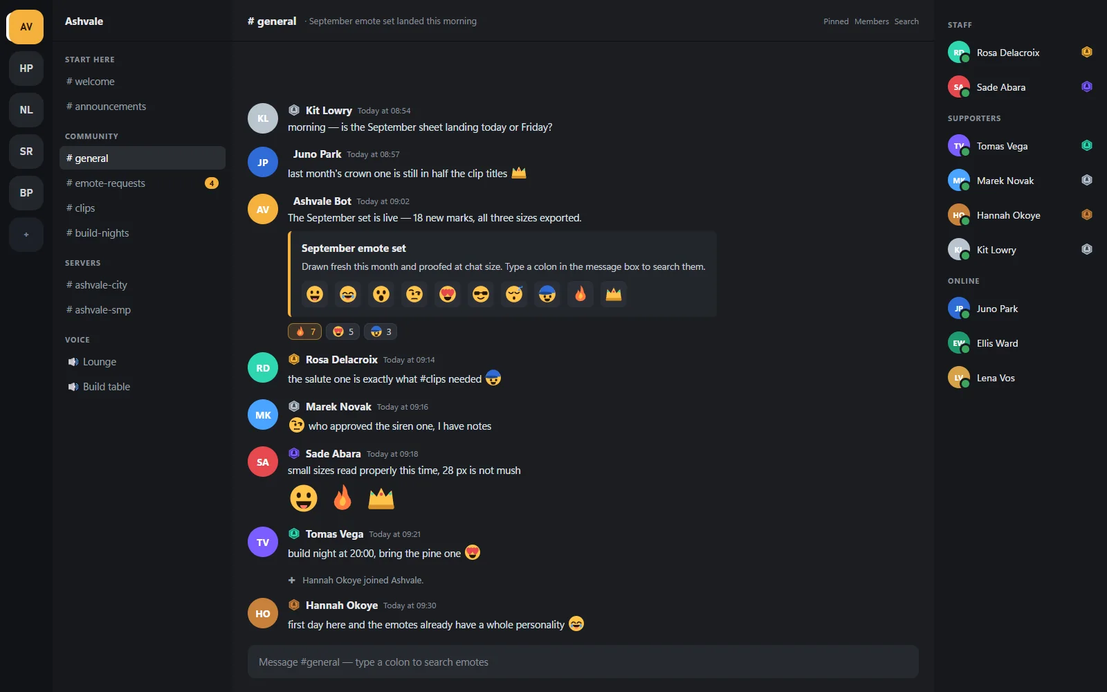 Chat column using the same emotes, with sub-badge tiers beside the names