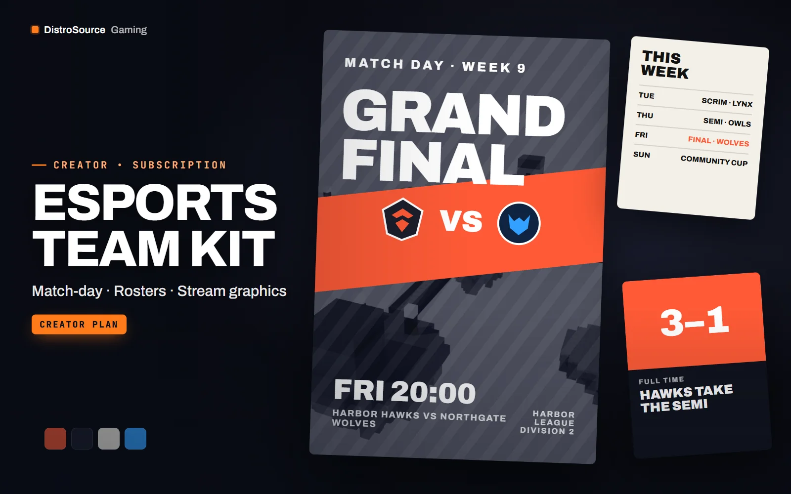 Match-day poster for a fictional team with logo, opponent and start time
