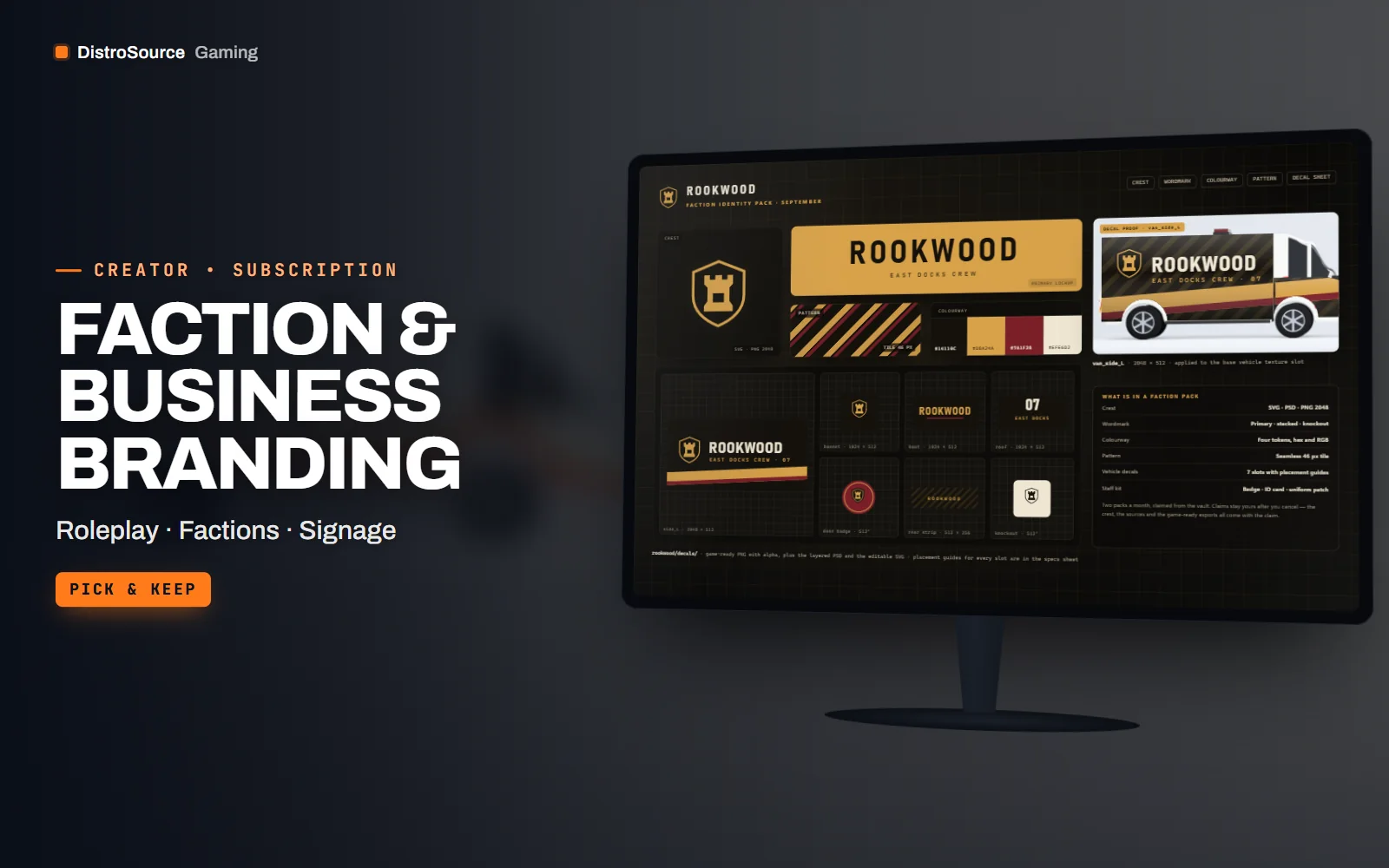 One faction pack — crest, wordmark, colourway and decal sheet — with the decal proofed on a car
