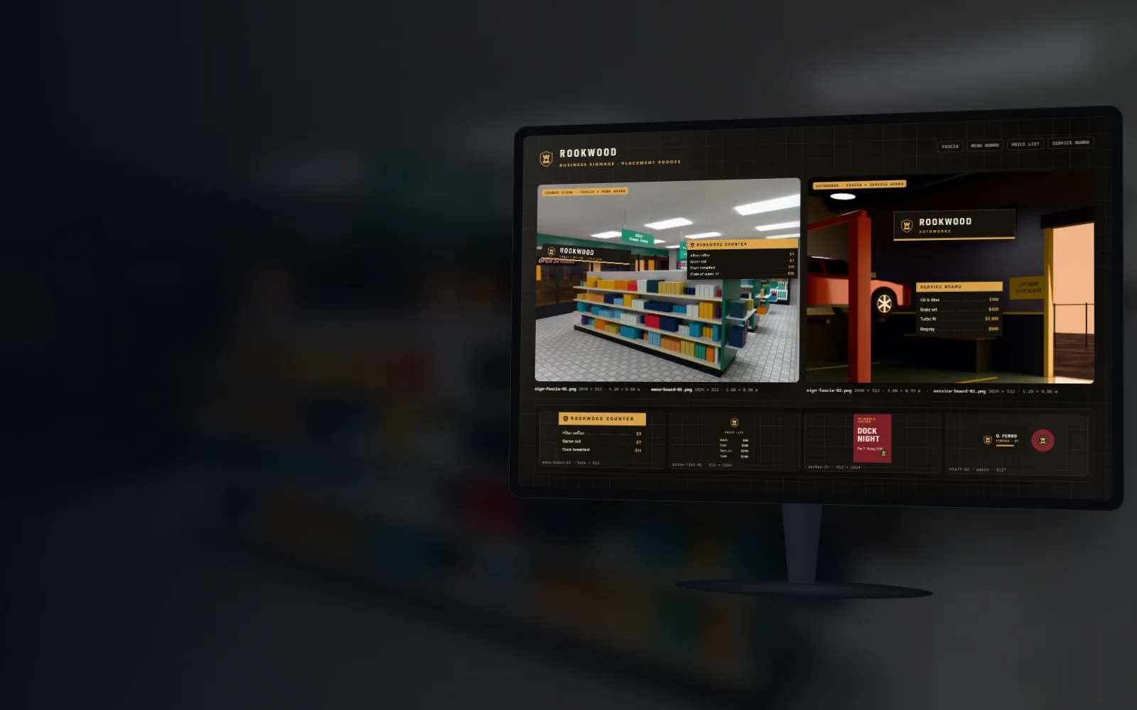 Shopfront sign and menu board over a retail interior, and a service board in a workshop
