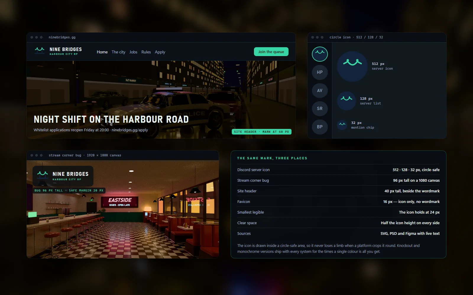 The same mark proofed as a circular chat icon, a stream corner bug and a site header