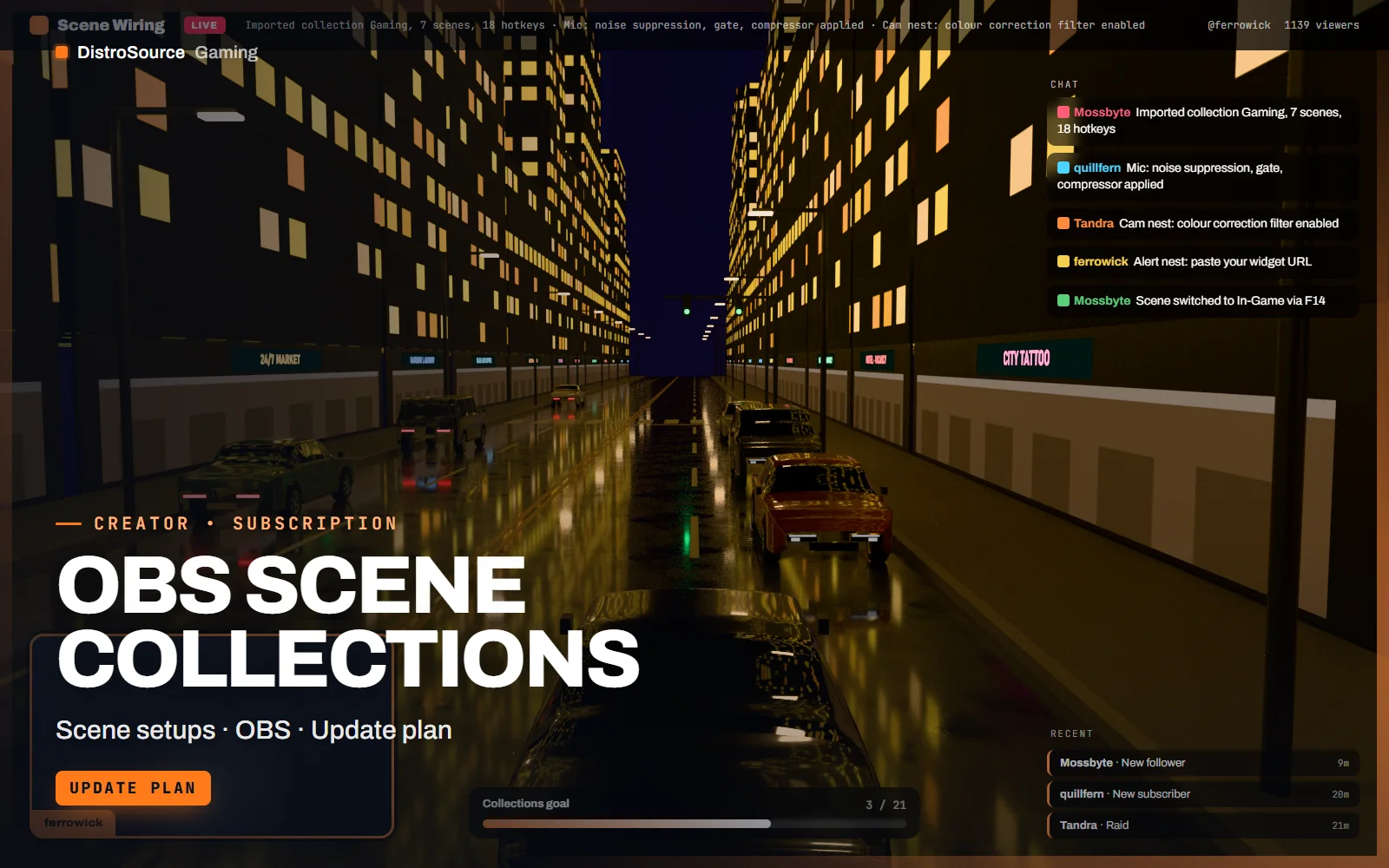 Gaming collection in-game scene with game capture, a nested webcam scene in the corner, chat box and alert slot, with the OBS hotkey map shown