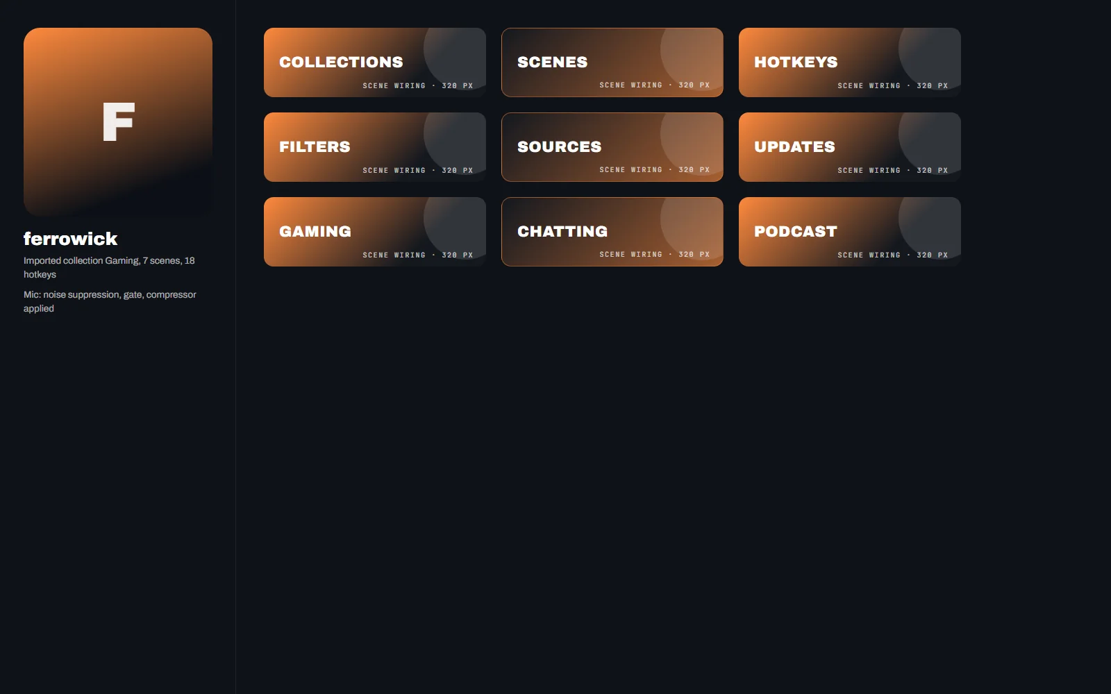 Grid of the scene thumbnails across the three collections, gaming, chatting and podcast, each labelled with its hotkey