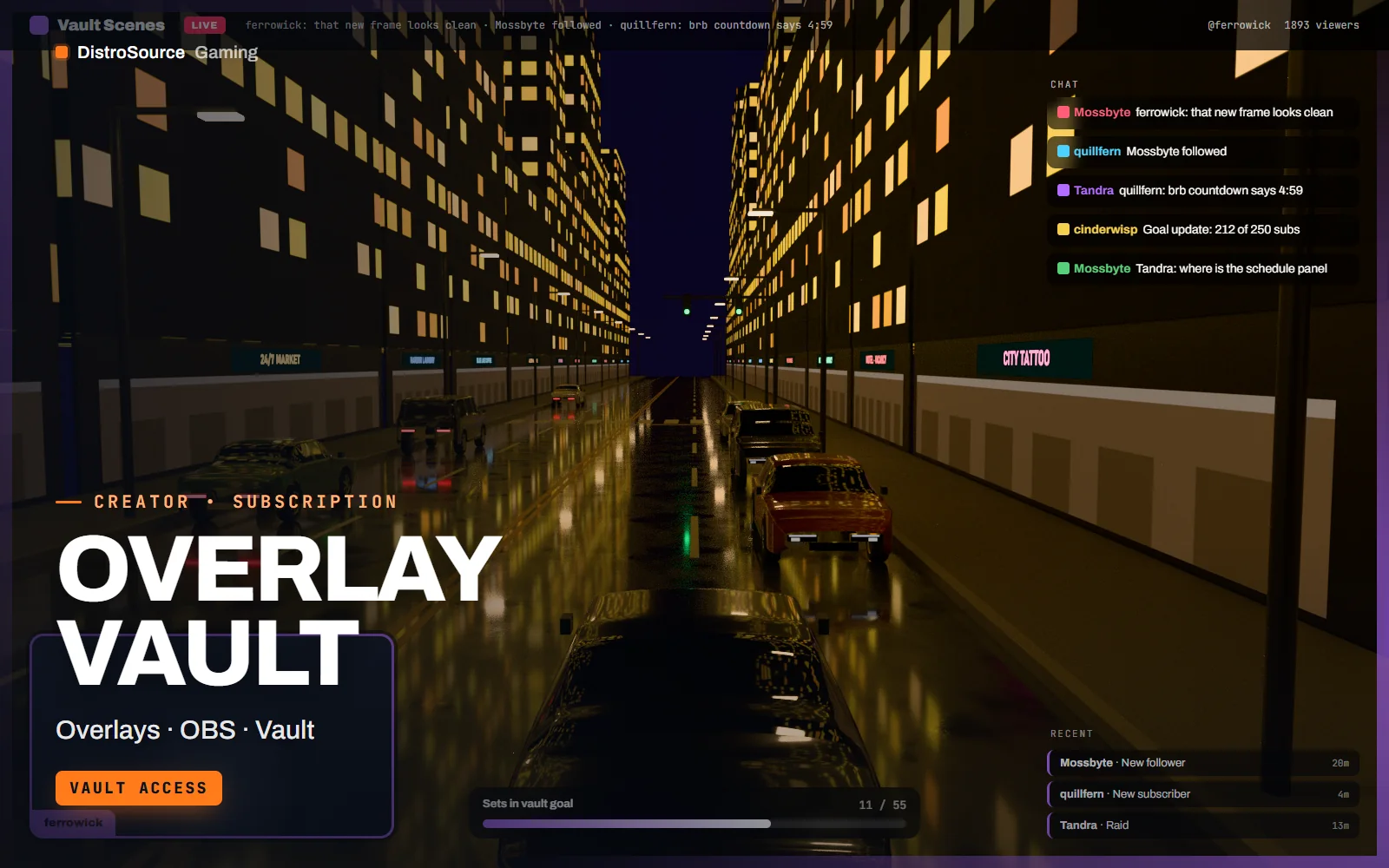 In-game scene from the Midnight set with a slim webcam frame, chat box down the right edge and a sub goal bar along the bottom over gameplay