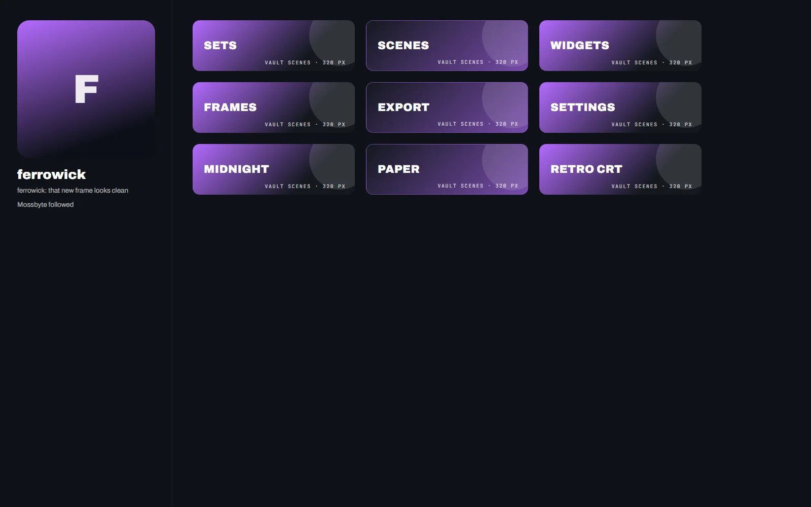 Grid of the set's channel panels for about, schedule, rules, PC specs, socials and donate, each 320 pixels wide in the set's style
