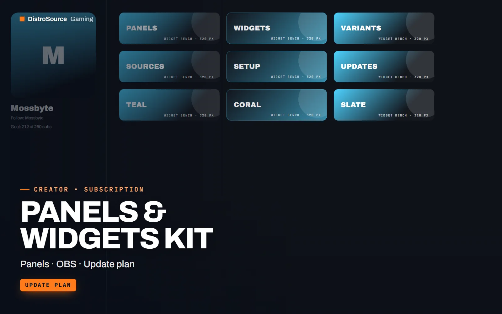 Grid of twelve channel panels at 320 pixels wide covering about, schedule, rules, specs, socials and donate in the kit's teal variant