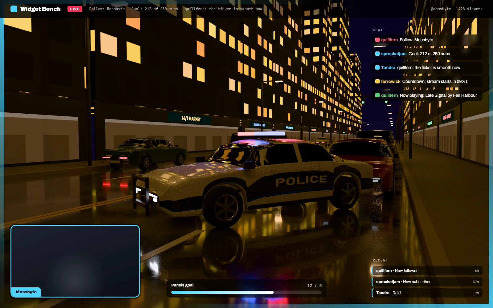 In-game scene showing the chat box widget, goal bar and recent-events ticker placed around gameplay with a webcam frame