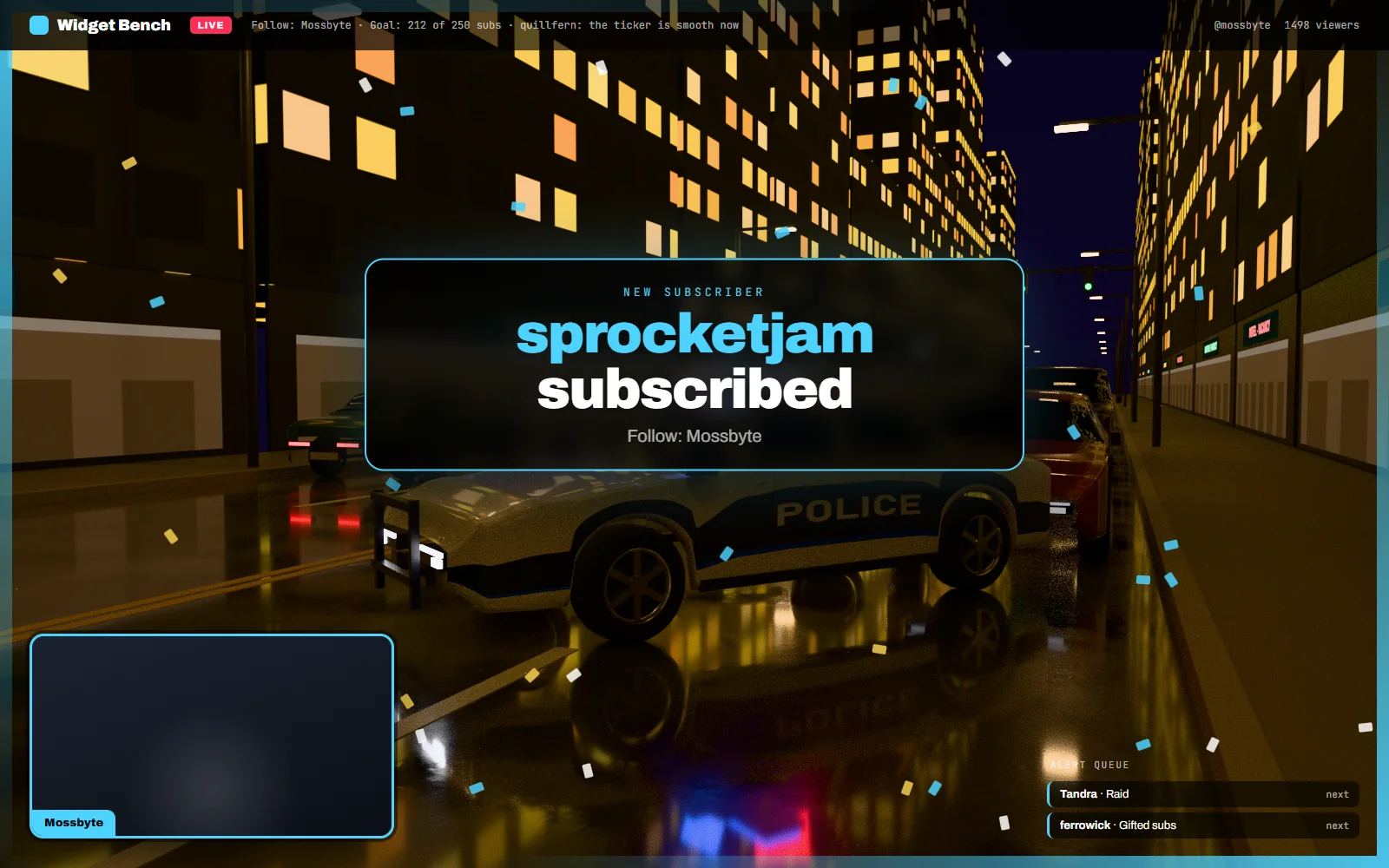 A new follower alert moment with the ticker updating and the goal bar filling one step over the gameplay scene