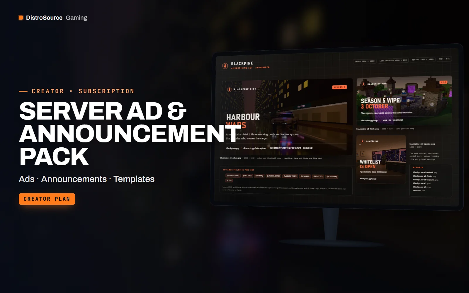 Three advertising banners for a fictional server side by side in embed, wide and square crops