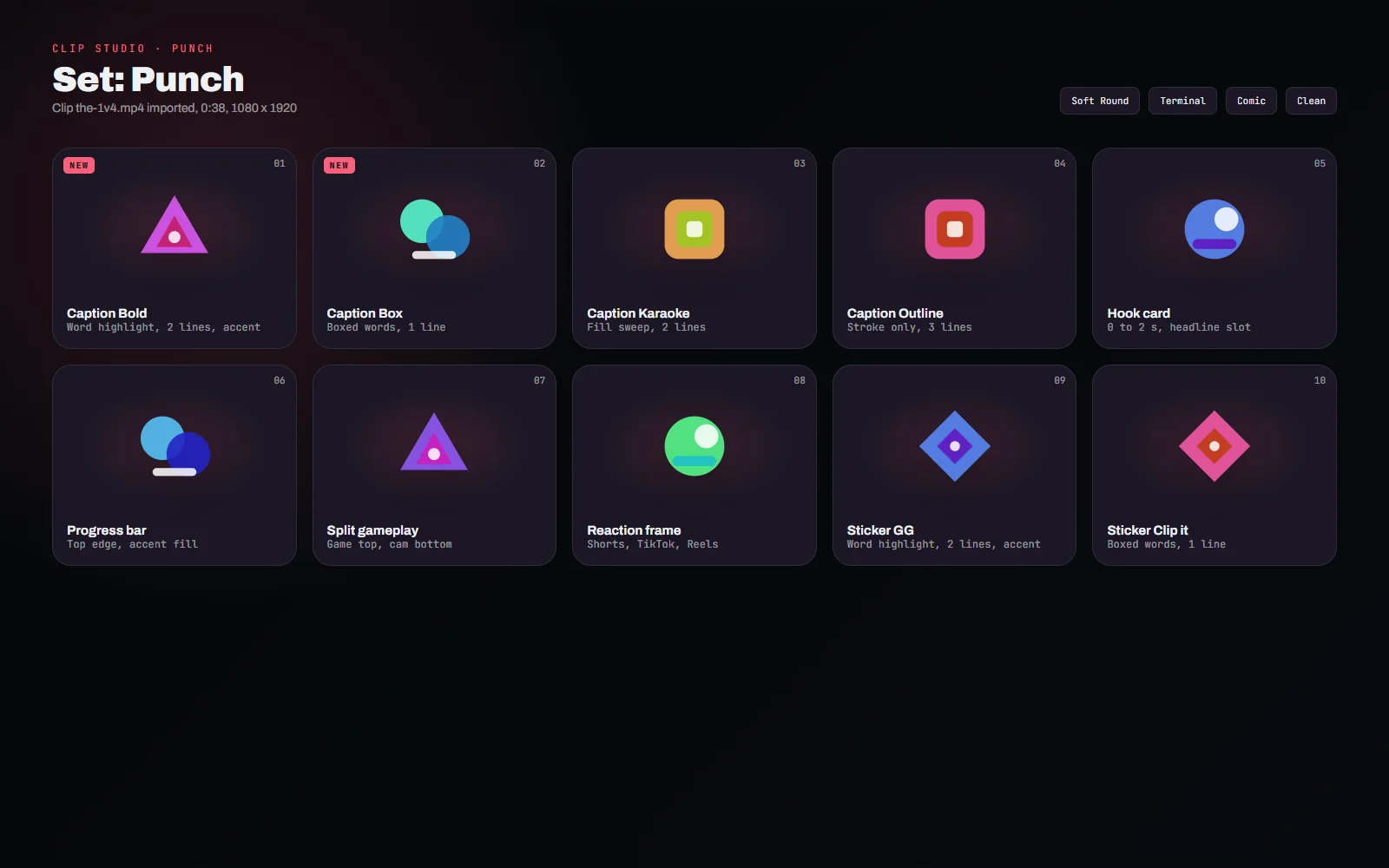 Asset sheet of the month's set with tiles for caption styles, hook cards, progress bar, split-screen layouts and the sticker sheet