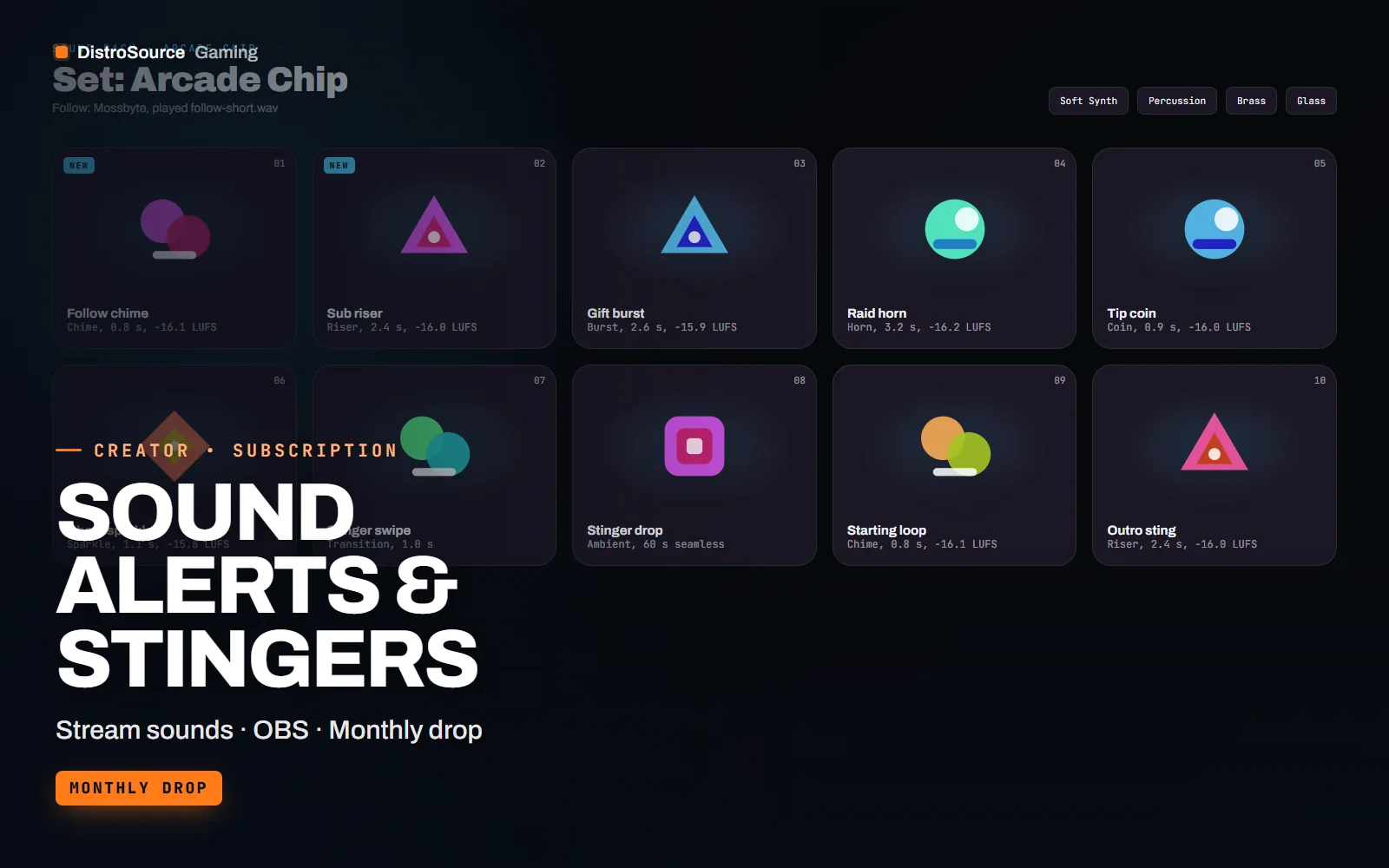 Asset sheet of the Arcade Chip set showing tiles for each alert sound, stinger and loop with waveform thumbnails, lengths and LUFS readings