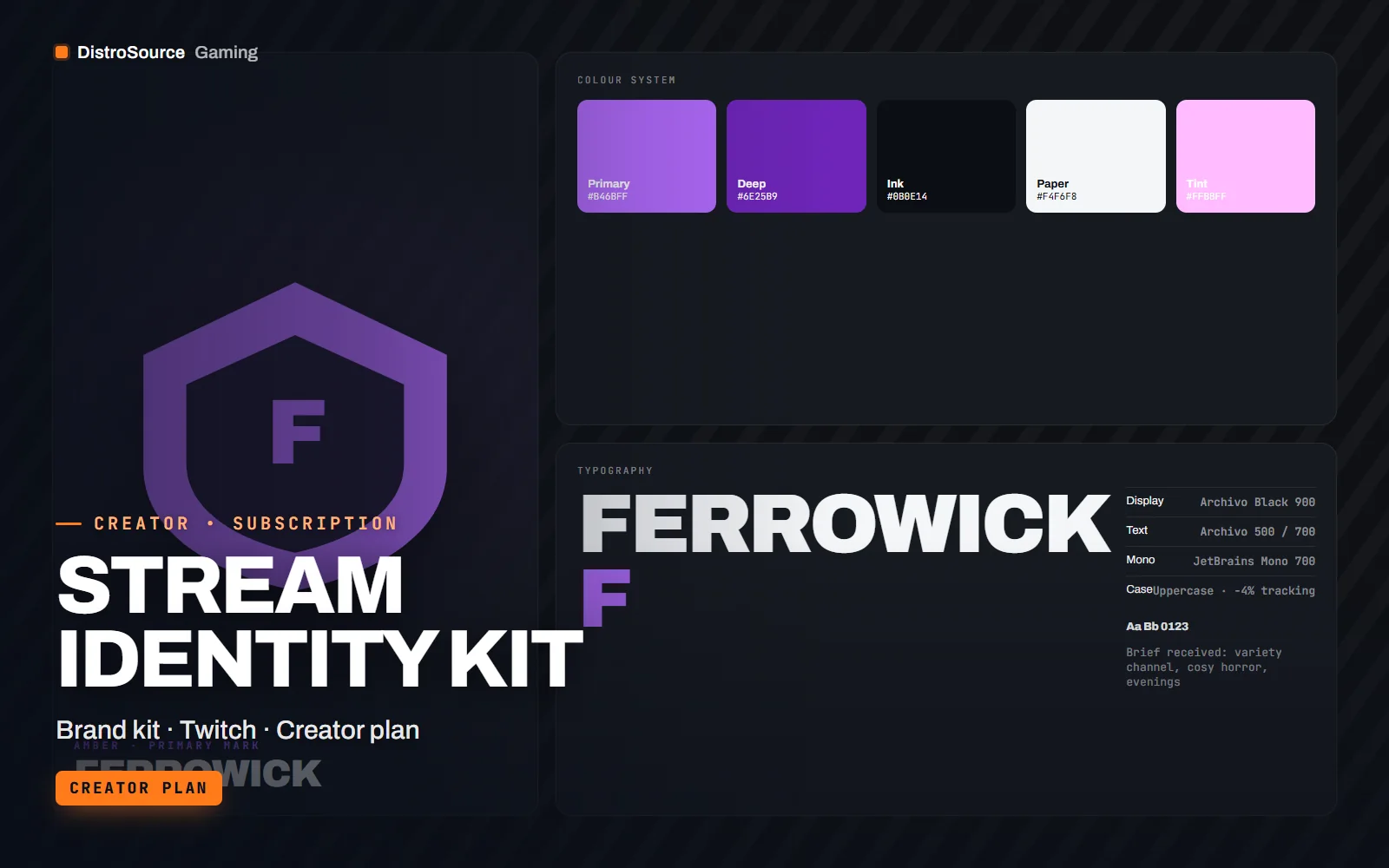 Brand board for a fictional channel showing the logo mark and avatar crop, a five-colour palette with hex values and the heading and body type pairing