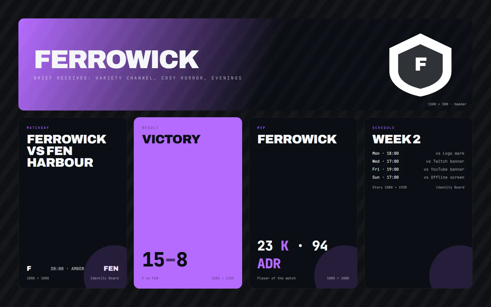 Social set with the channel banner, offline screen, a schedule post and two announcement posts in the brand colours