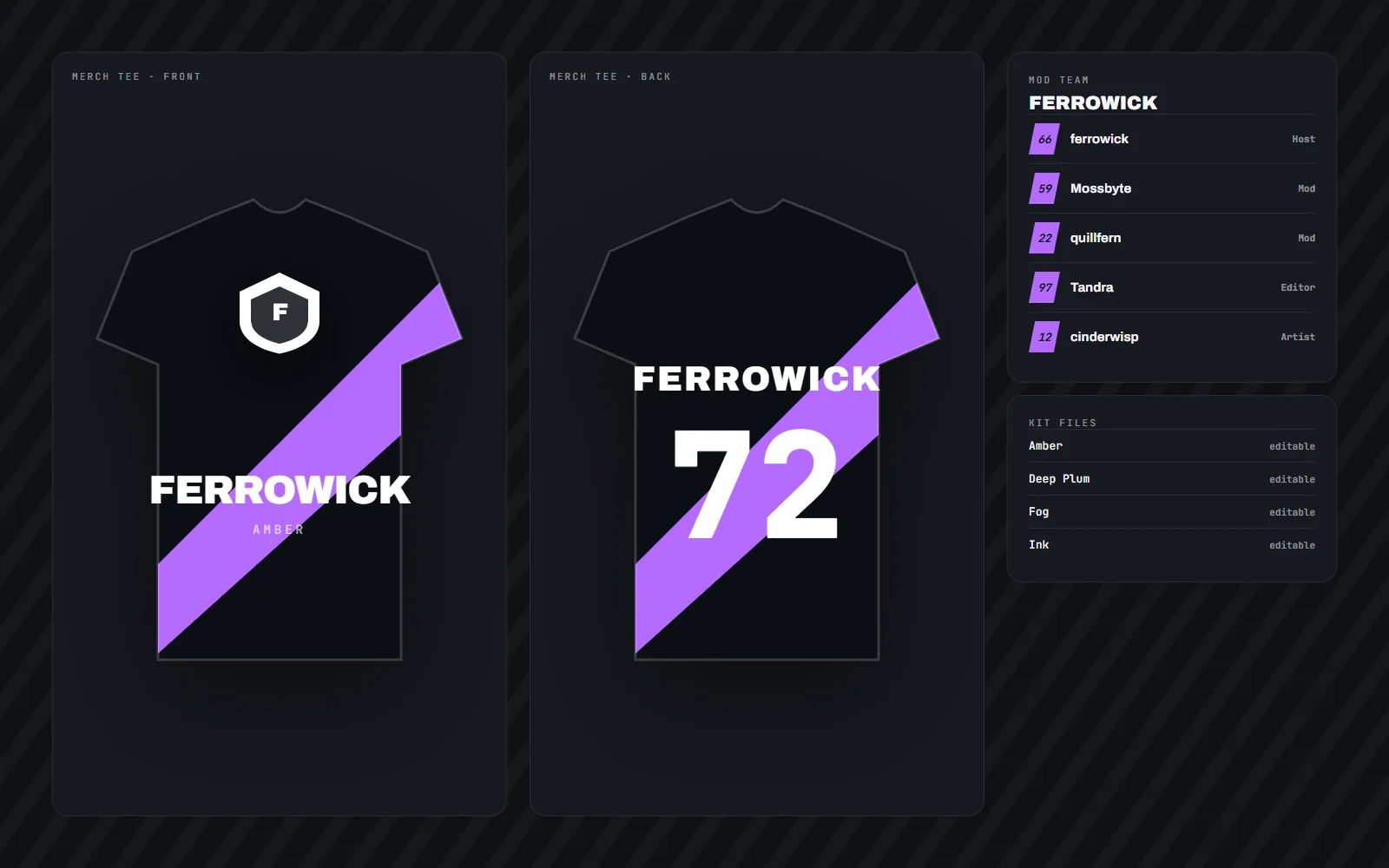 Merch jersey front and back carrying the logo mark, channel name and sleeve pattern drawn from the brand palette