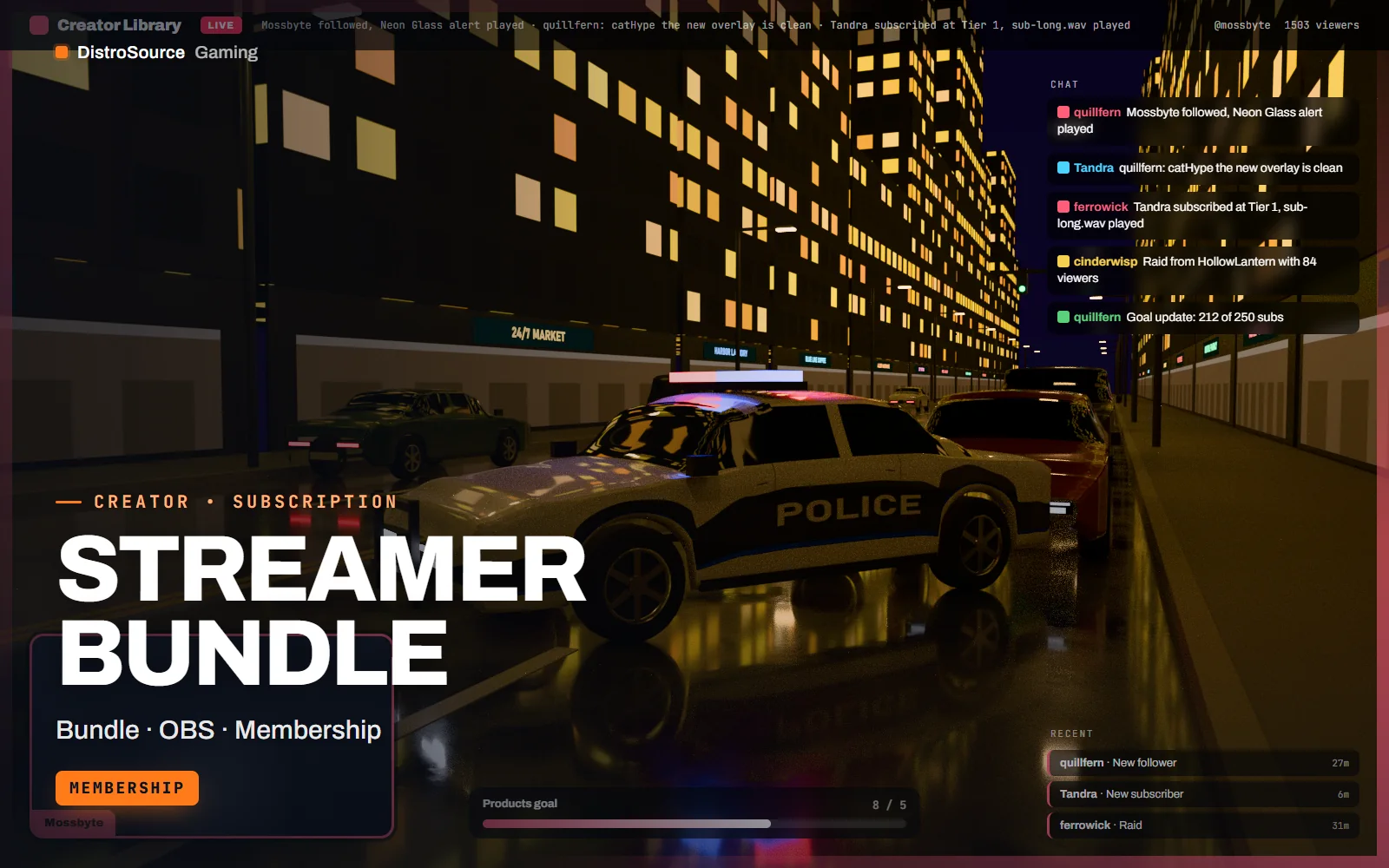 In-game scene combining a vault overlay, the month's alert style and the panels kit chat box and goal bar over gameplay with a webcam frame
