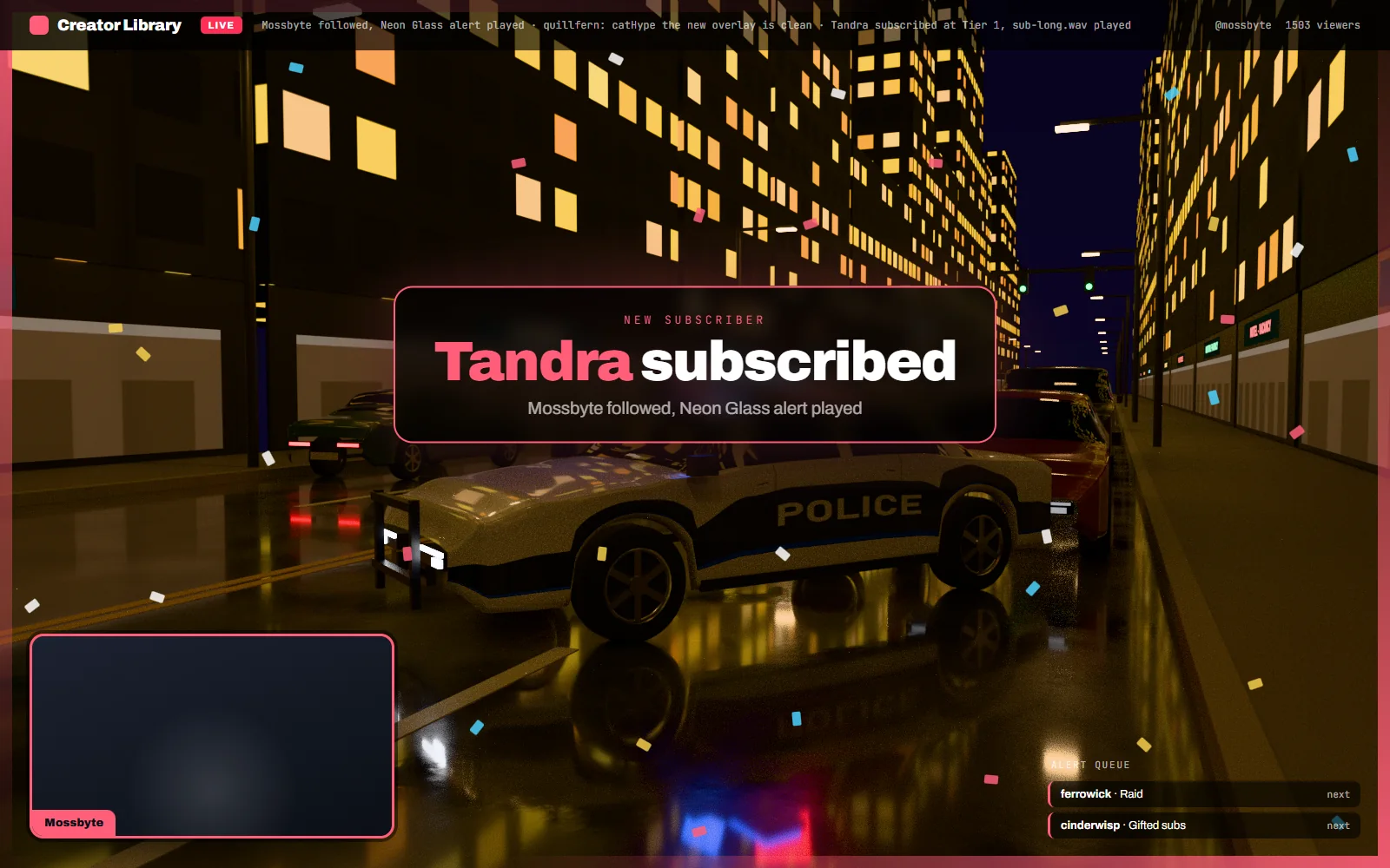 A subscription alert firing with the month's animation and matched sound while the emote set shows in the chat box beside it