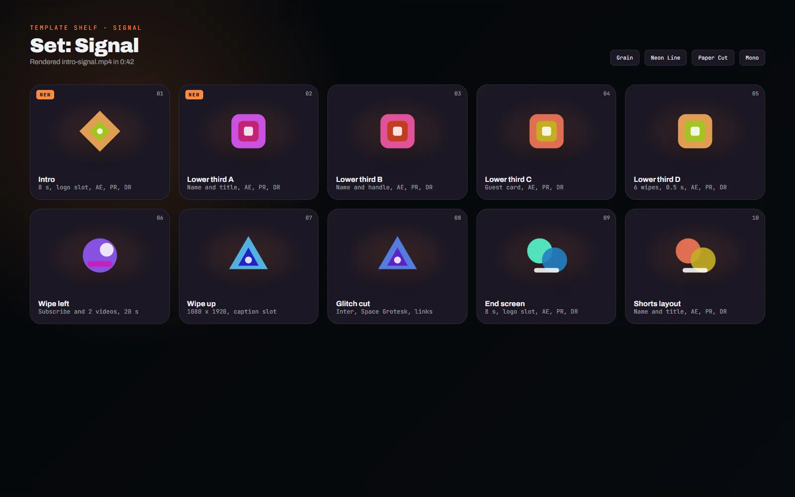 Asset sheet of the month's set with tiles for the intro, four lower thirds, six transitions, the end screen and the Shorts layout