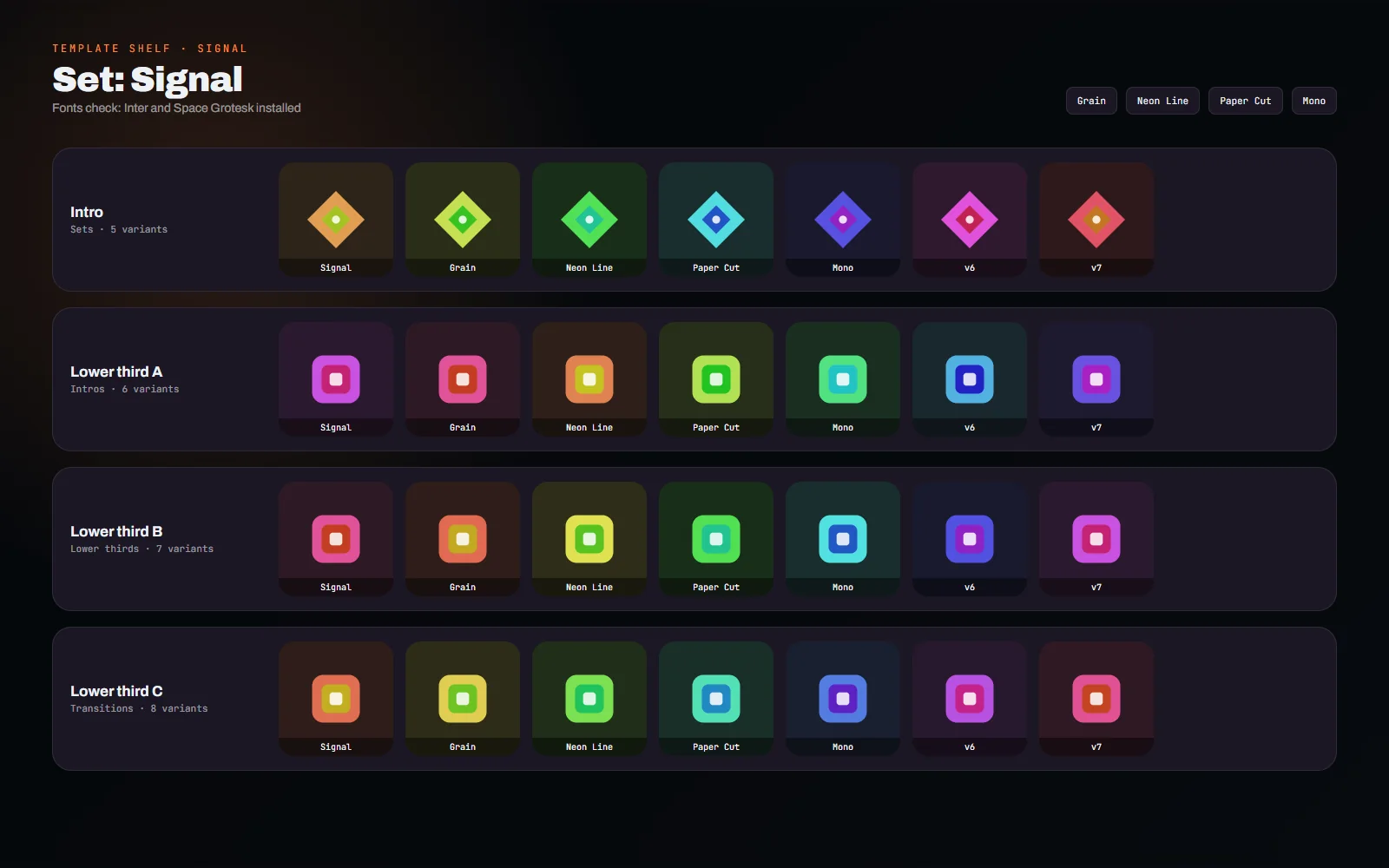 The end screen shown in a row of five colour variants with the subscribe button and two video placeholders in each
