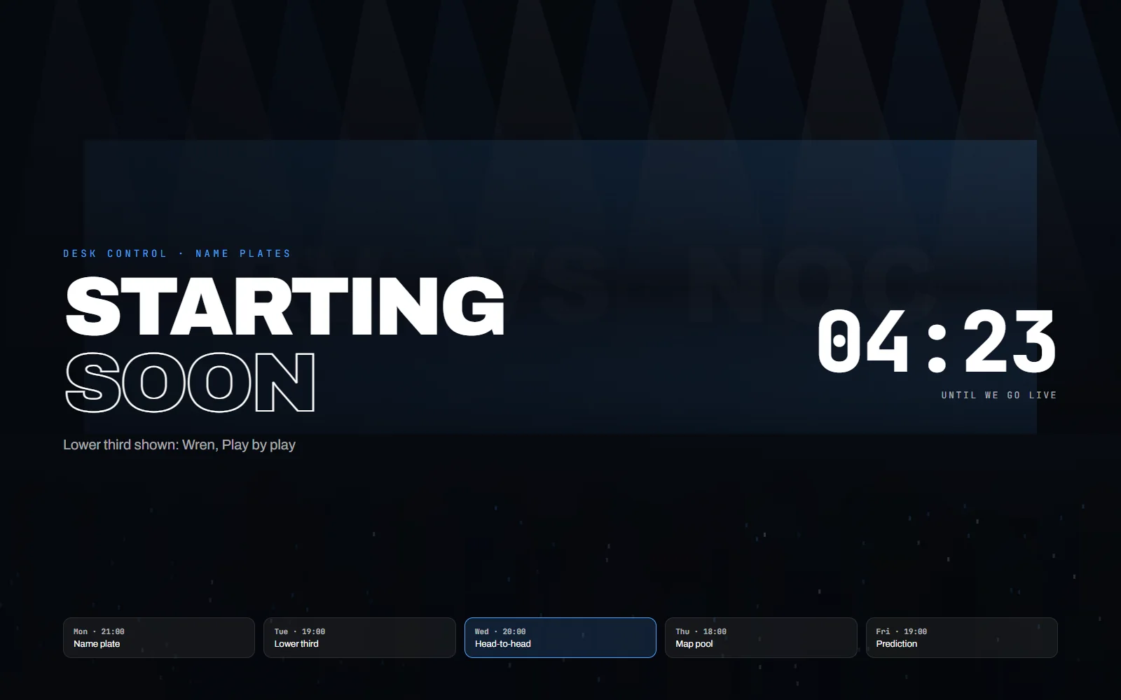Break screen with a countdown, the up-next fixture of Ironvale against Nocturne, a sponsor loop and the tournament colours