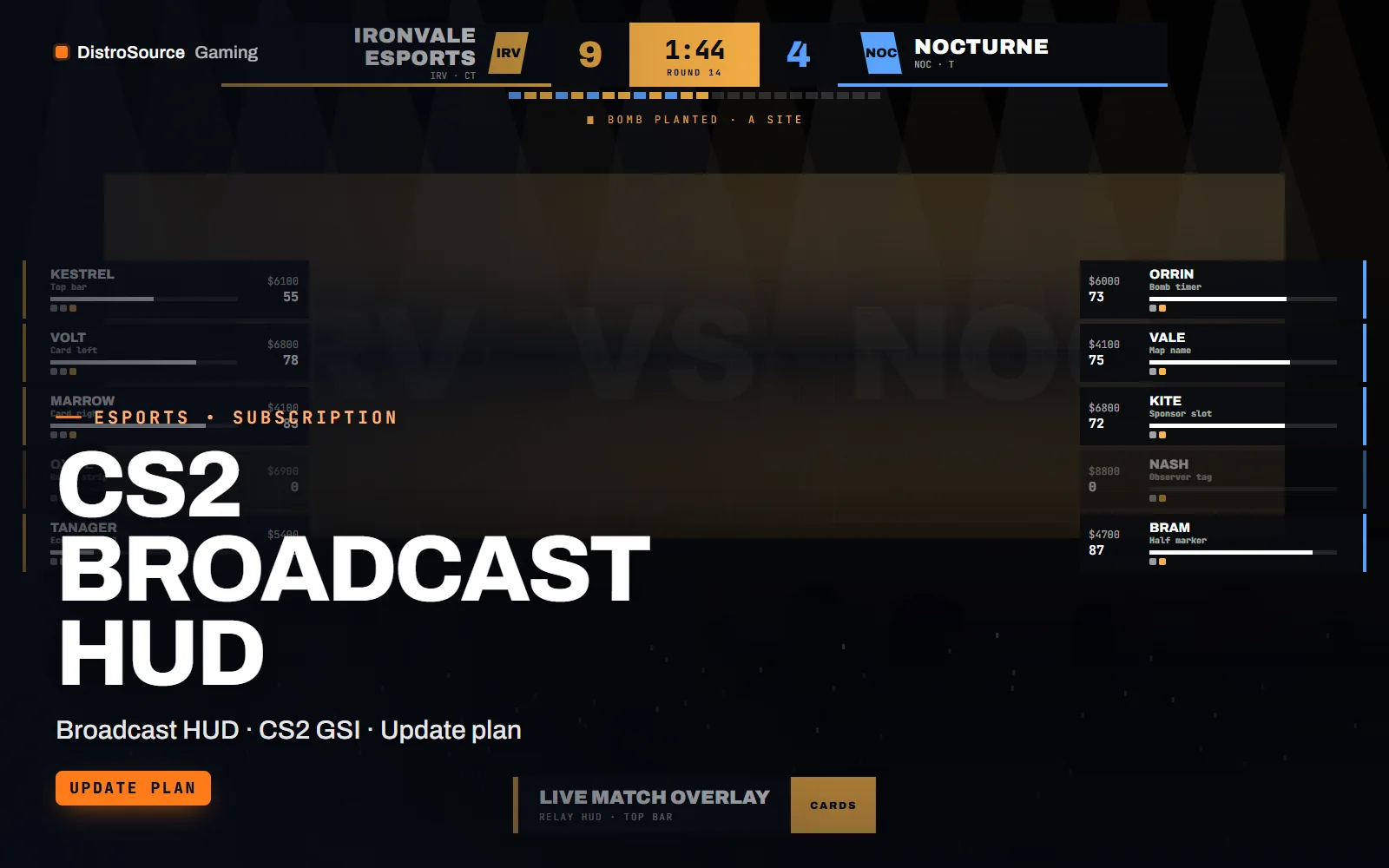 In-game broadcast view with a top bar showing Ironvale Esports against Nocturne at 9 to 7, a round timer, and player rows with health, armour, money and utility