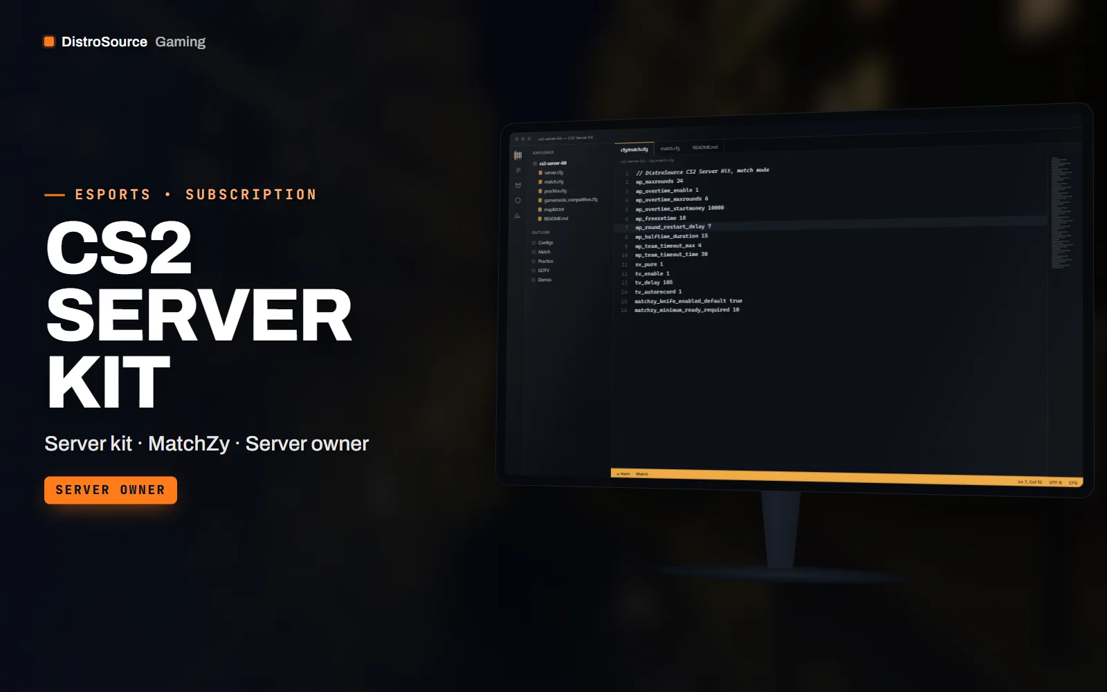 Code editor with a file tree of cfg and MatchZy files and the match config open, showing knife round, overtime and pause convars over a dimmed server room