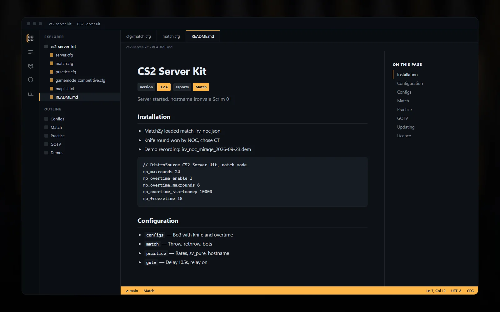 Documentation page for the match-day checklist with steps for starting the server, loading the match JSON, checking GOTV and collecting demos