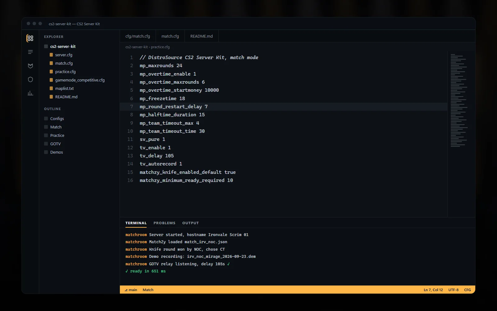 Editor showing the MatchZy match JSON template with two teams, player Steam IDs, the veto order and map pool filled with fictional names