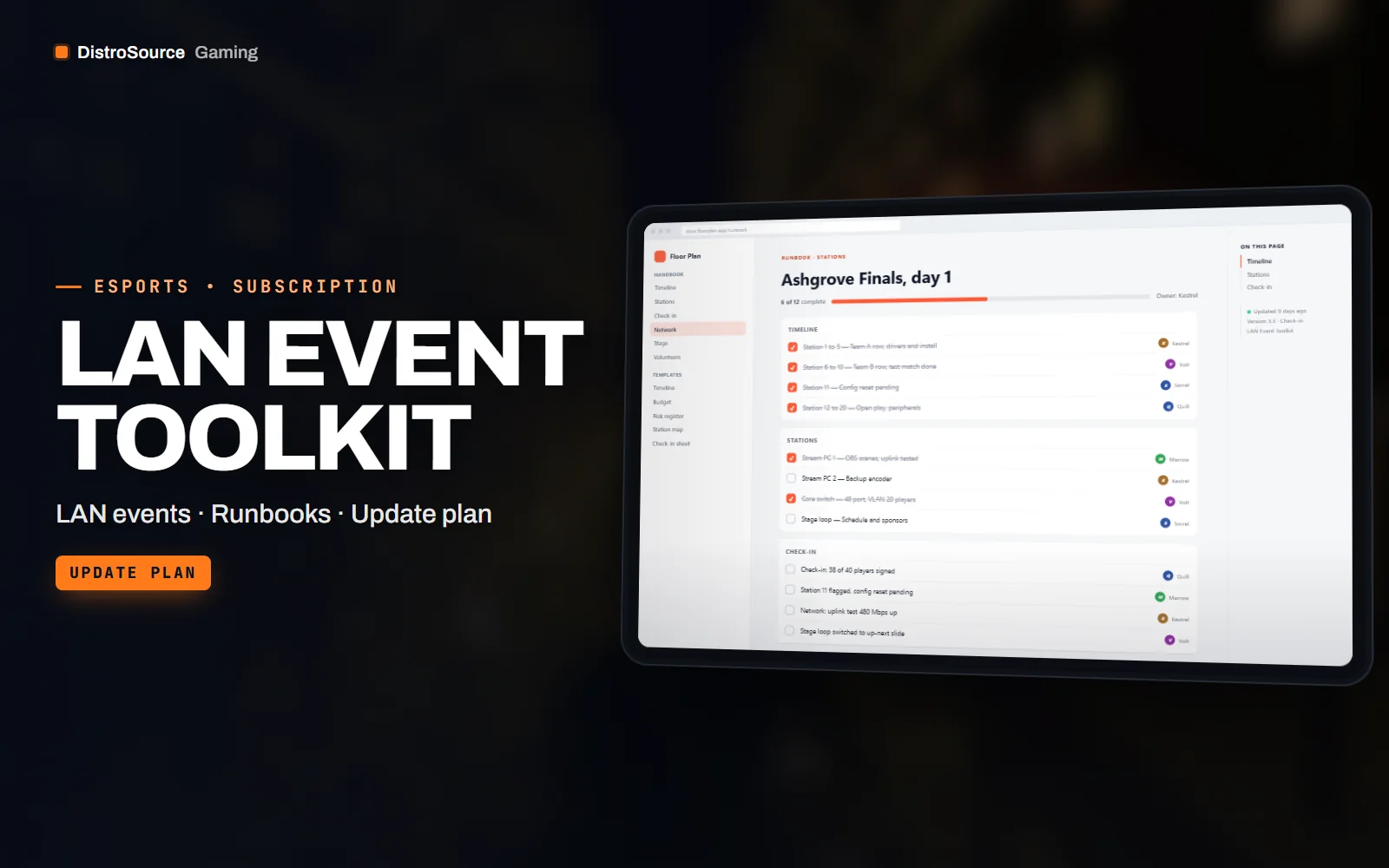 Runbook checklist for the day of the Ashgrove Finals with station setup items ticked per station, a network section and the check-in progress at the top