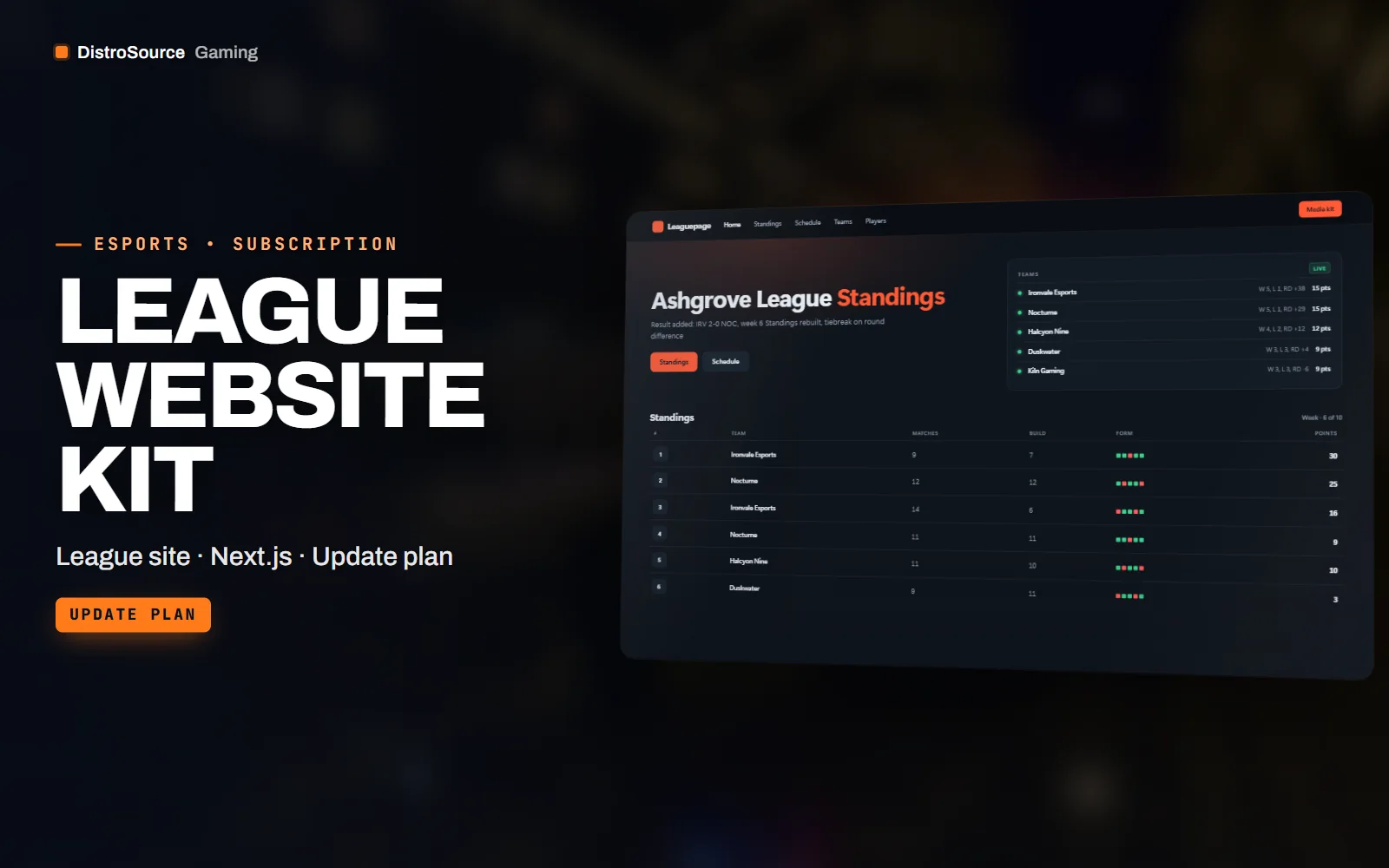 Public league website with top navigation, a hero showing the next fixture between Ironvale and Nocturne, and a standings table with wins, losses and round difference