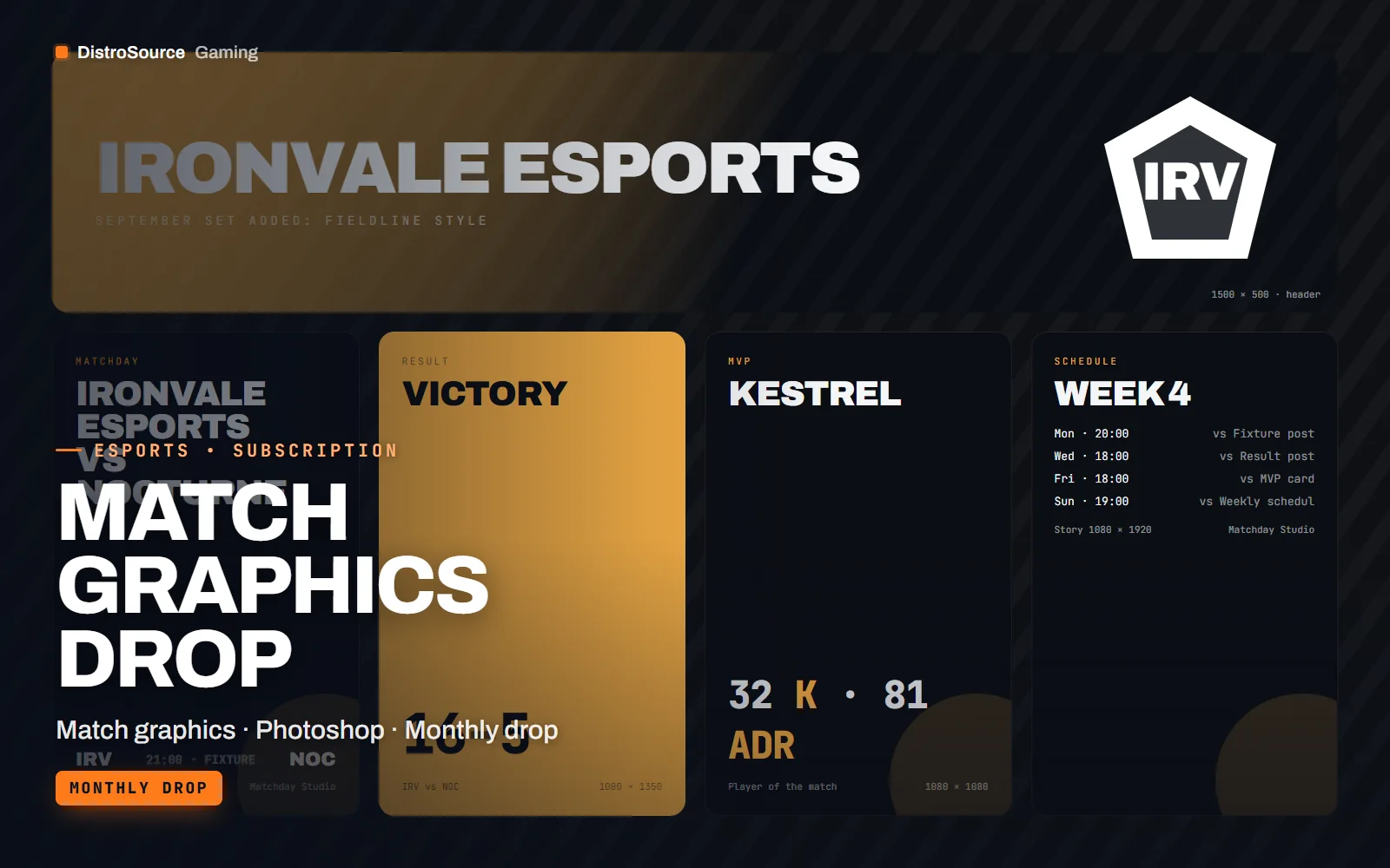 Social set from the current month showing a fixture post for Ironvale against Nocturne, a result post with the score and an MVP card for Kestrel in the same style