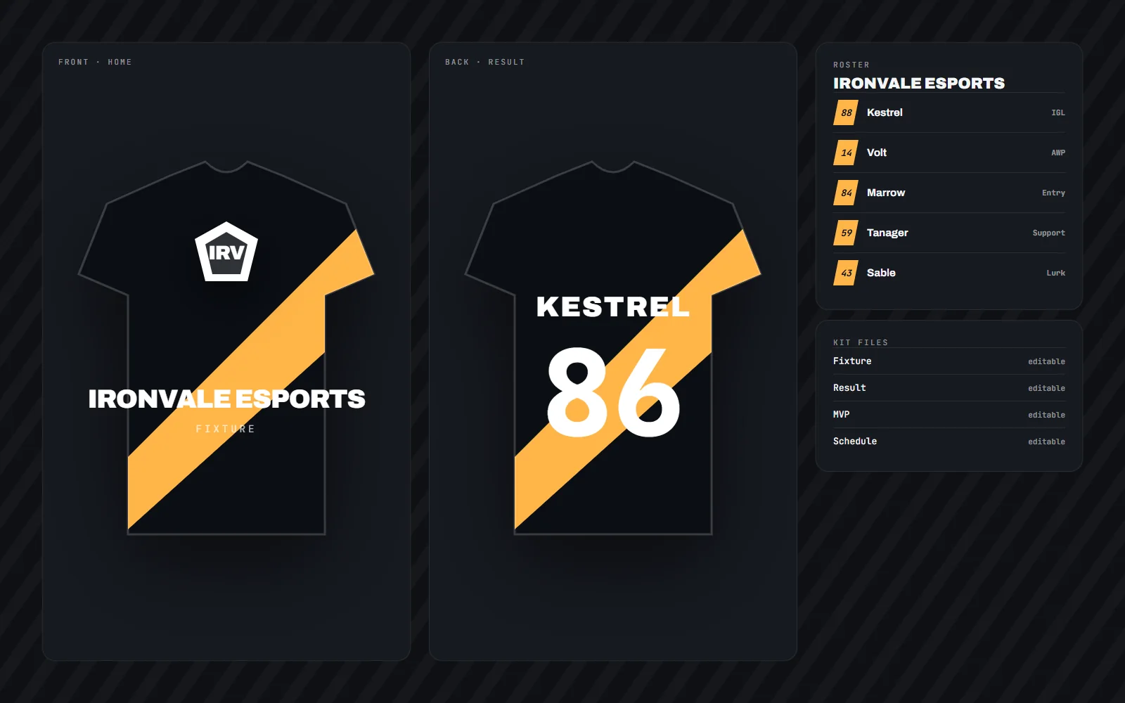Player of the week template with a jersey-style player panel, name and number, three stats and team colours in landscape and story versions