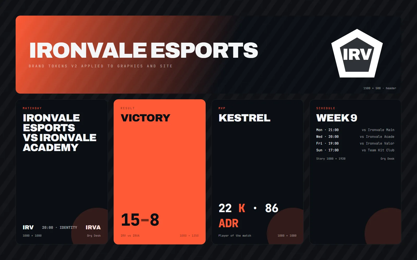 Social set for two rosters of the same organisation showing a roster announcement, a match day post and a result post built from the shared brand tokens