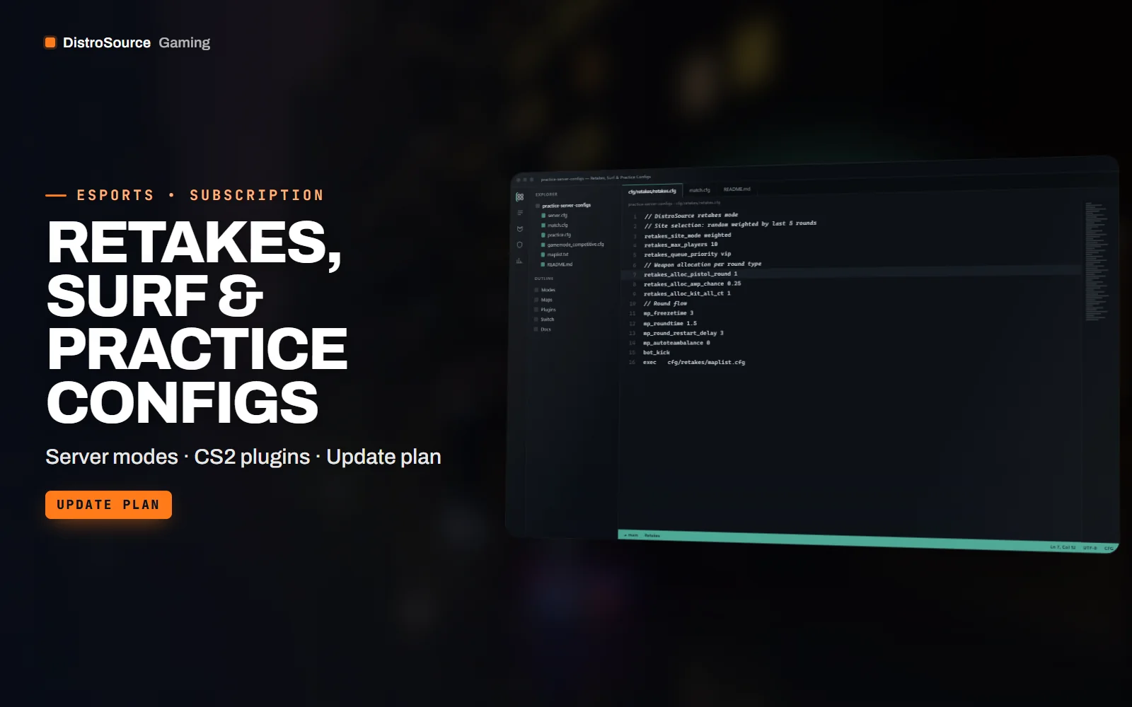 Code editor with a file tree of mode folders and the retakes config open, showing commented convars for site selection, weapon allocation and queue rules