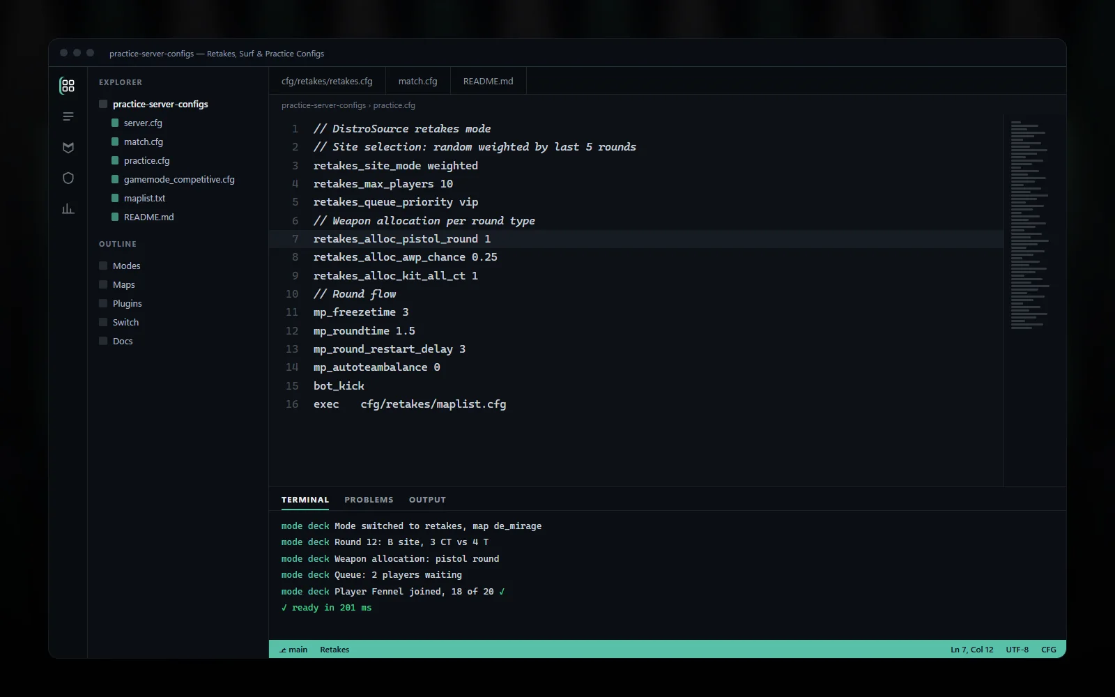 Editor showing the mode switch script that loads a config and map list over RCON, with the mode names listed in an array