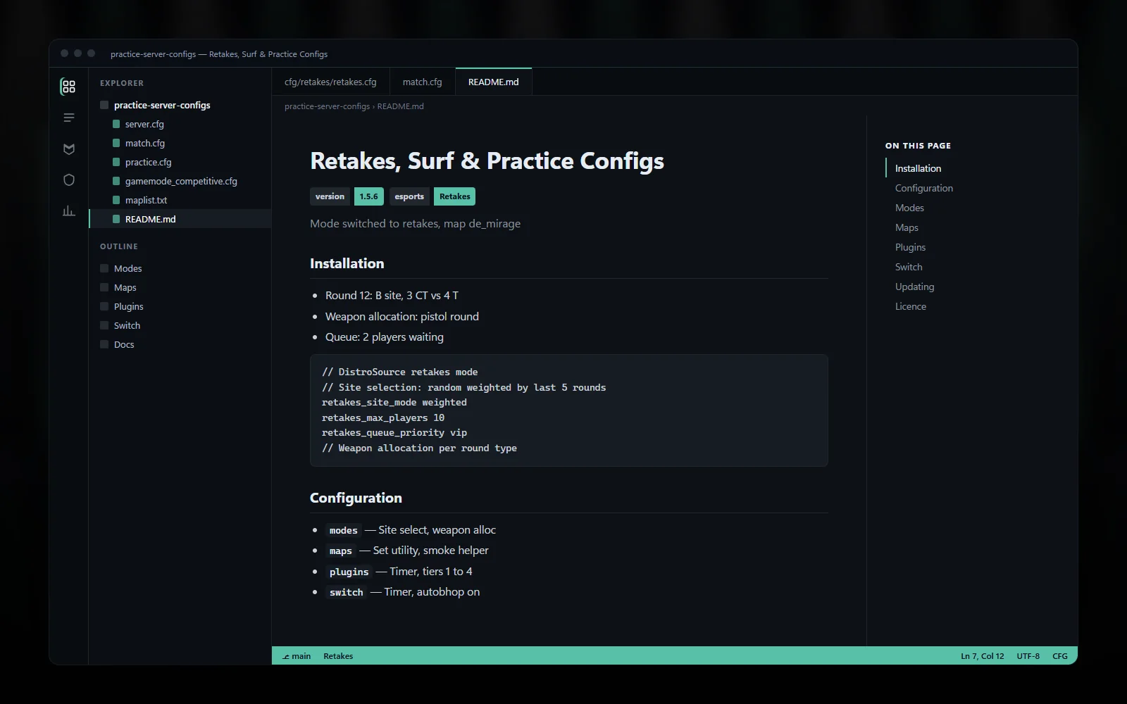 Documentation page for the surf mode with plugin dependencies, player commands, tier groups and the workshop collection ID