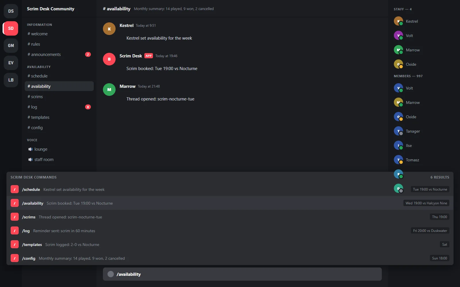 Slash command palette listing availability, scrim book, scrim cancel, scrim log and summary commands with their option hints