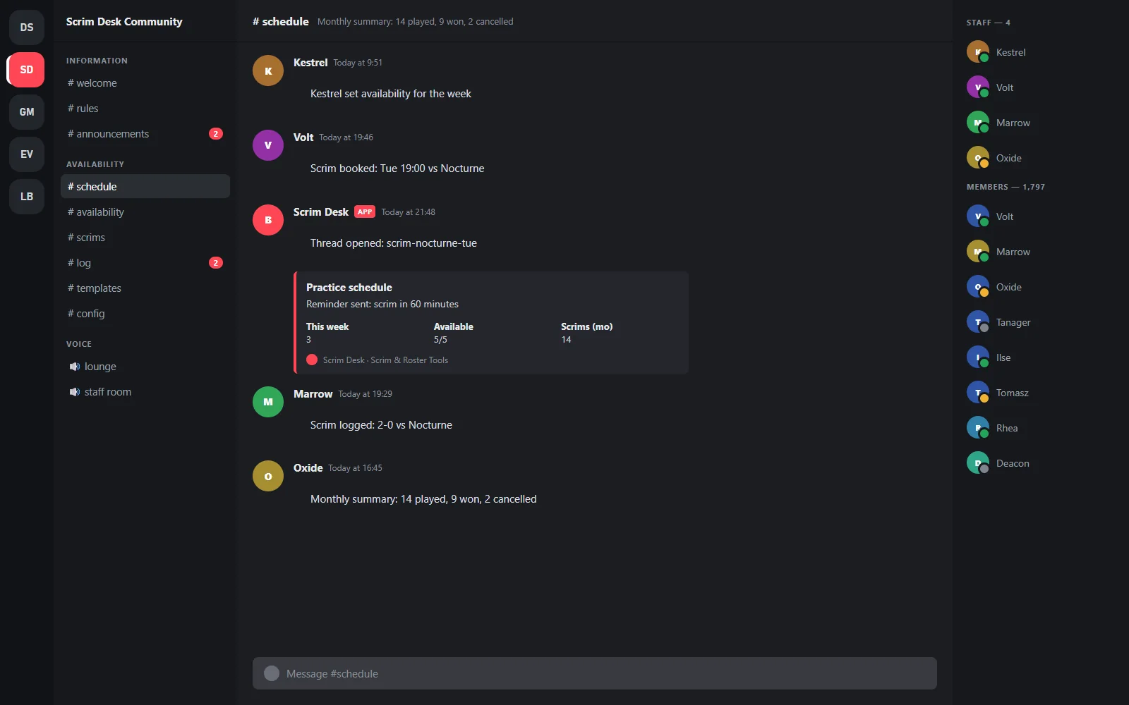 Team channel with the availability grid buttons, a booked scrim thread with reminders and a monthly summary message from the bot