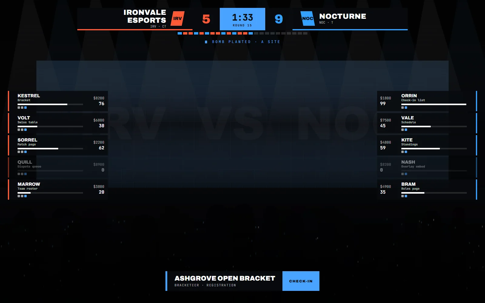 Match page for Ironvale Esports against Nocturne with scheduled time, veto result, a score reporting form and the confirmation state from both captains