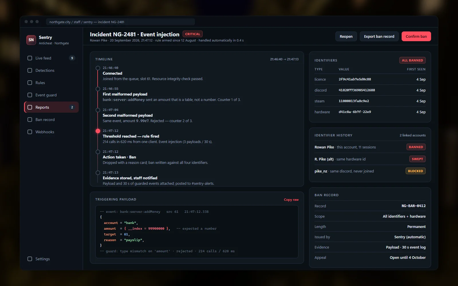 Incident report with a timeline, identifier history and an exportable ban record