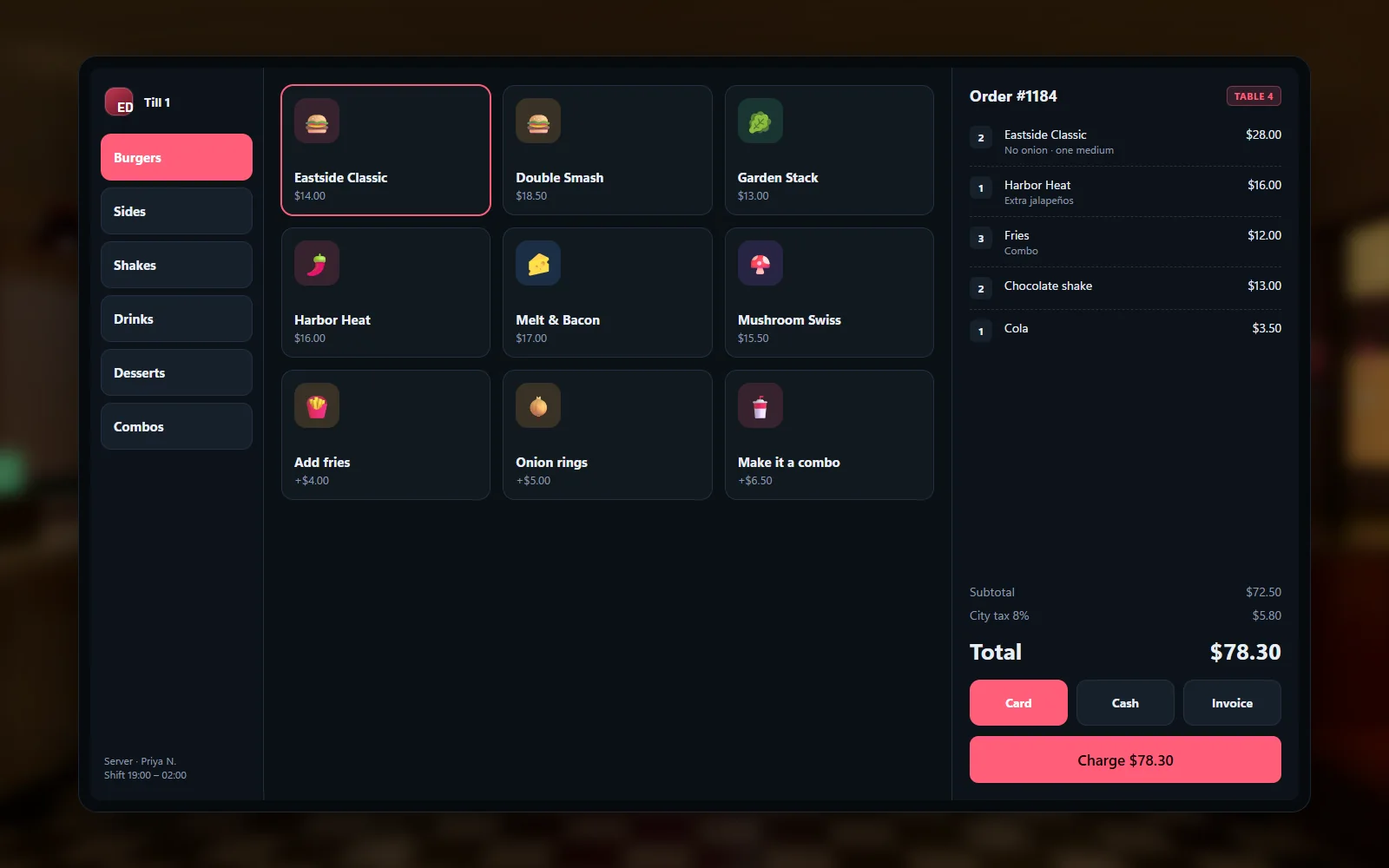 Till interface with a menu grid, current order and payment