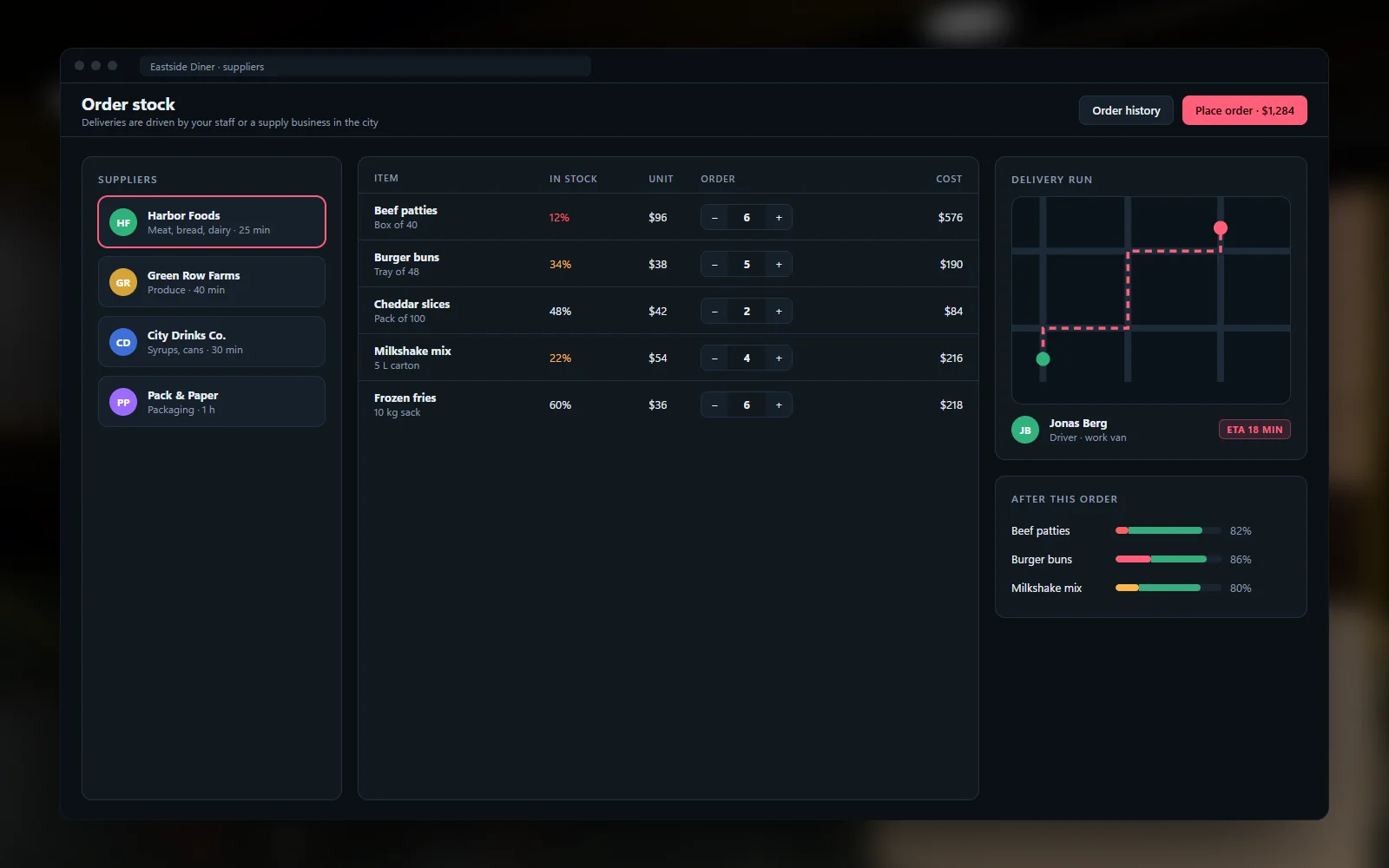 Supplier order screen with stock levels and a delivery run
