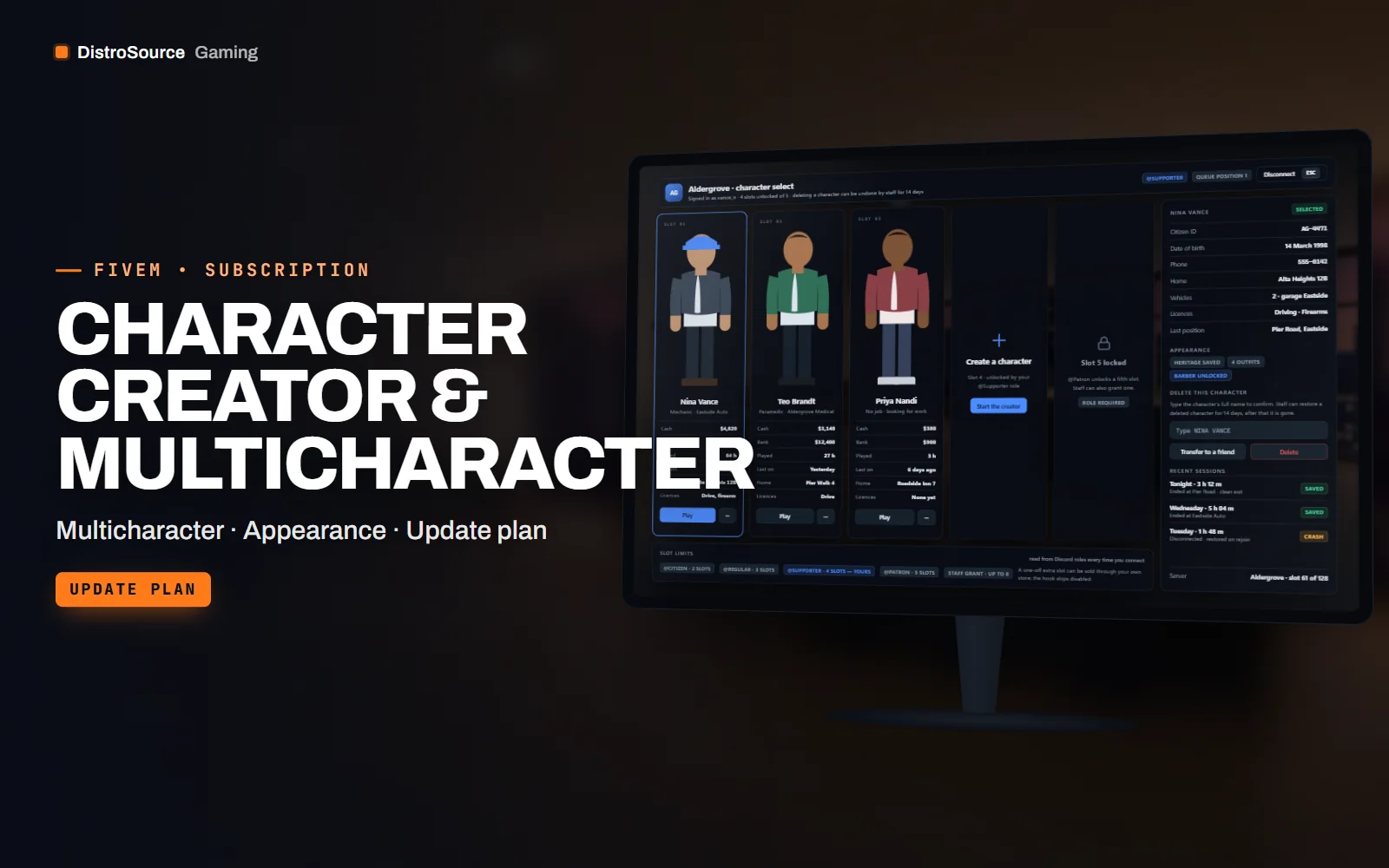 Character slot picker on a monitor with name, job, cash and last played per slot, over a blurred apartment interior