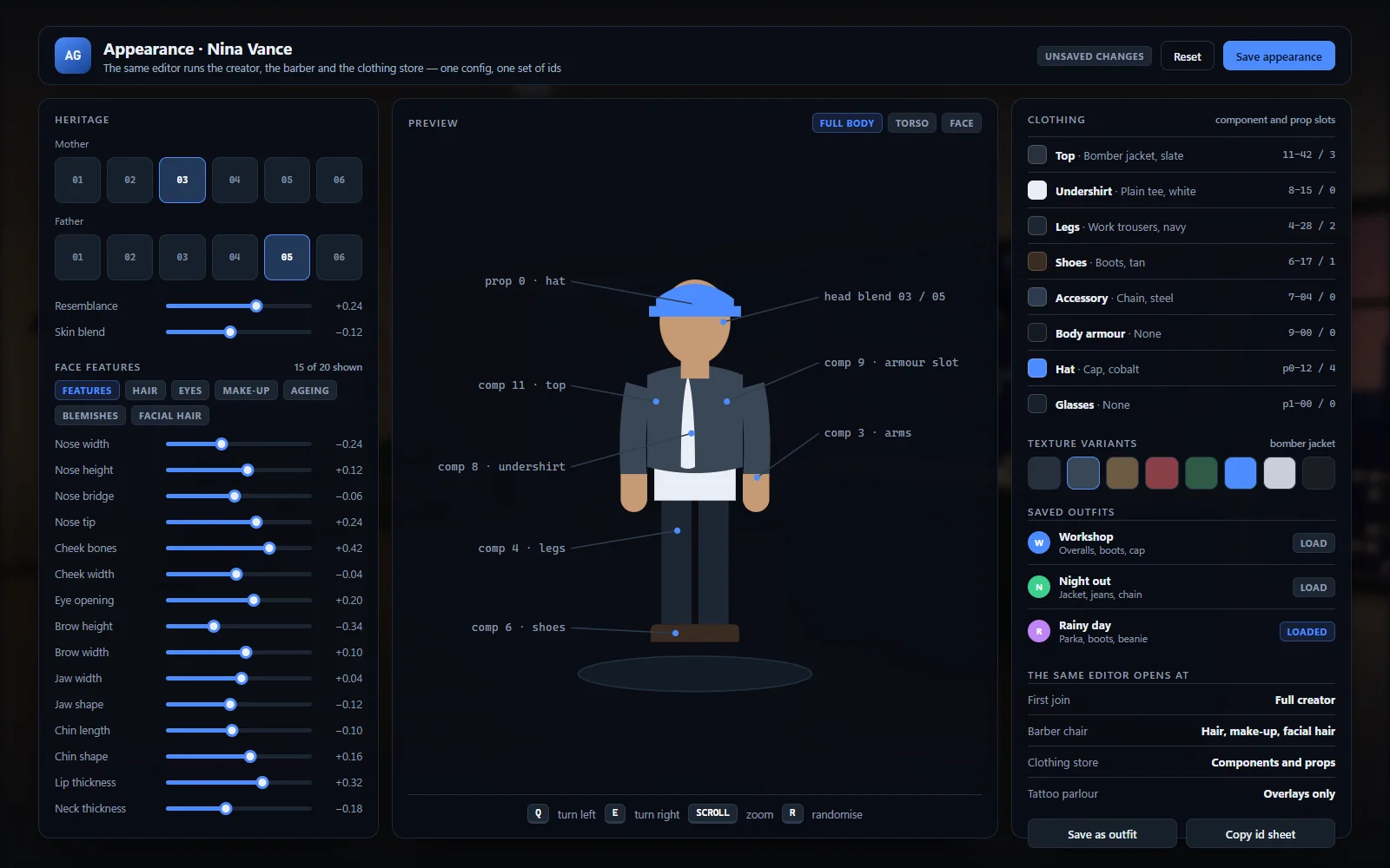 Appearance editor with heritage sliders, feature tabs and clothing categories
