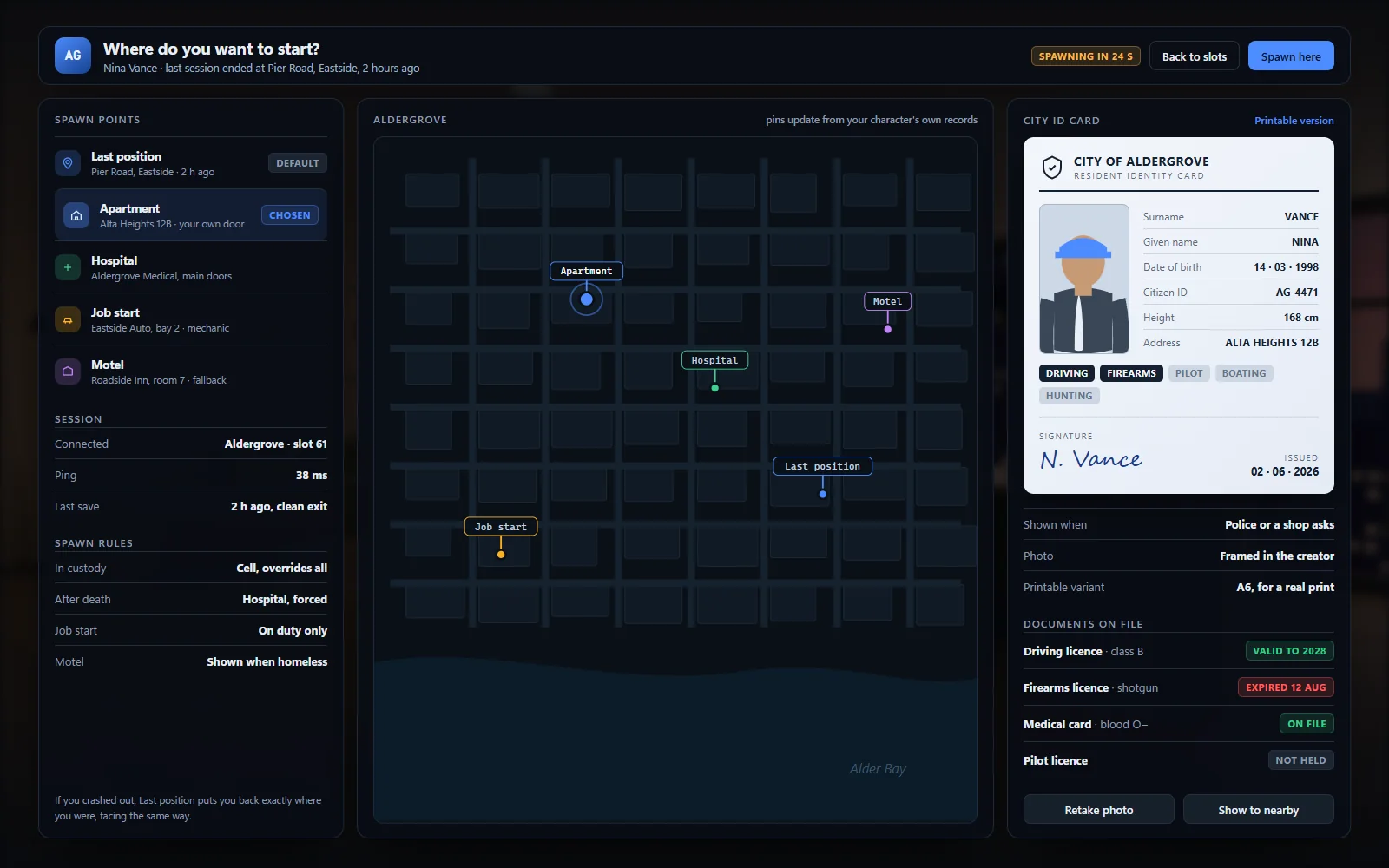 Spawn selector map with pins for last position, apartment, hospital and job start, beside the city ID card
