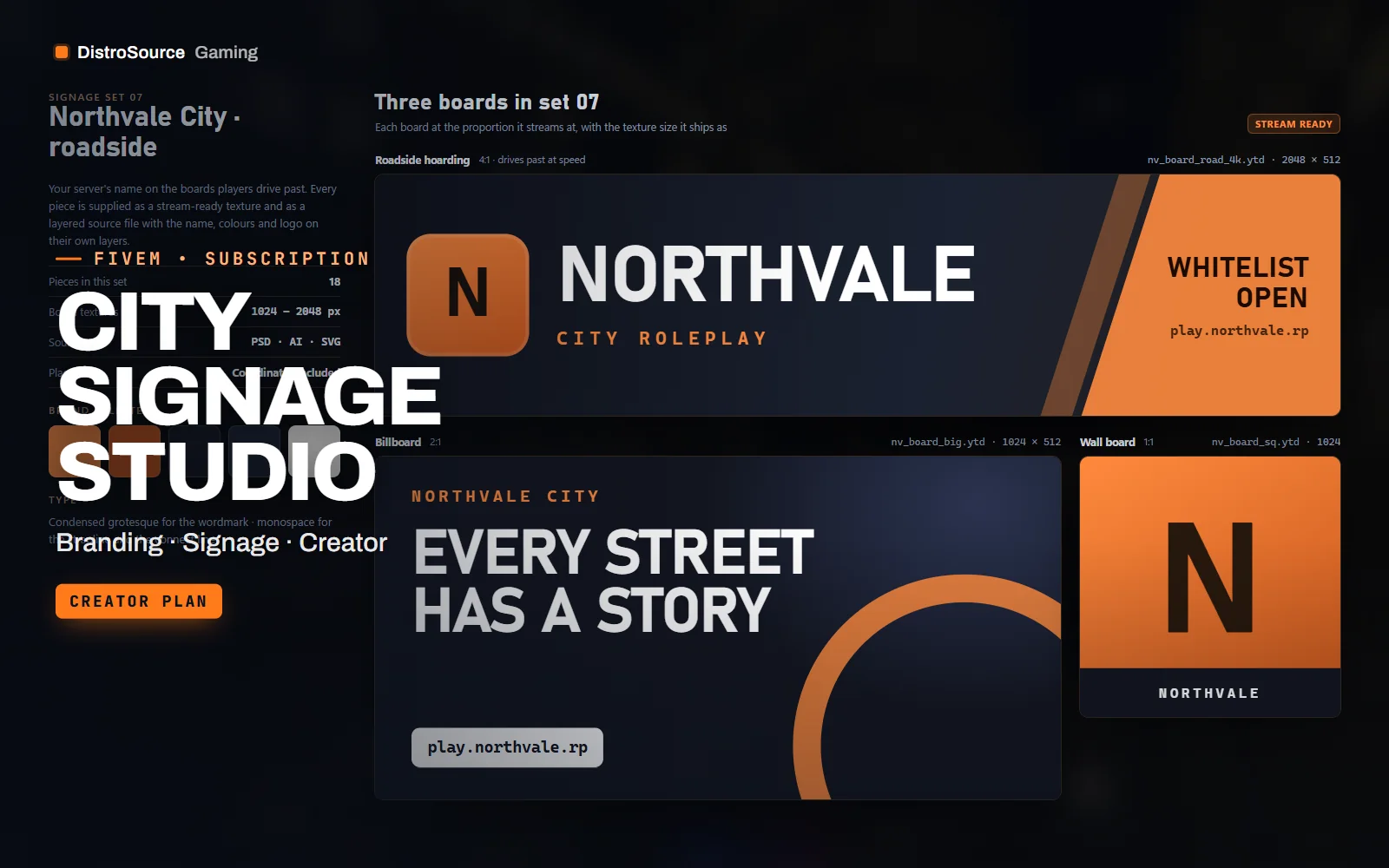 Three billboard designs at true proportions carrying a server name, logo and colours