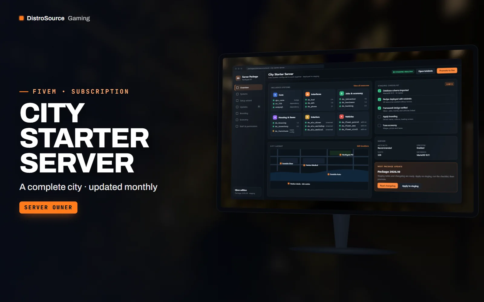 Server package overview listing the included systems, jobs, interfaces and interiors
