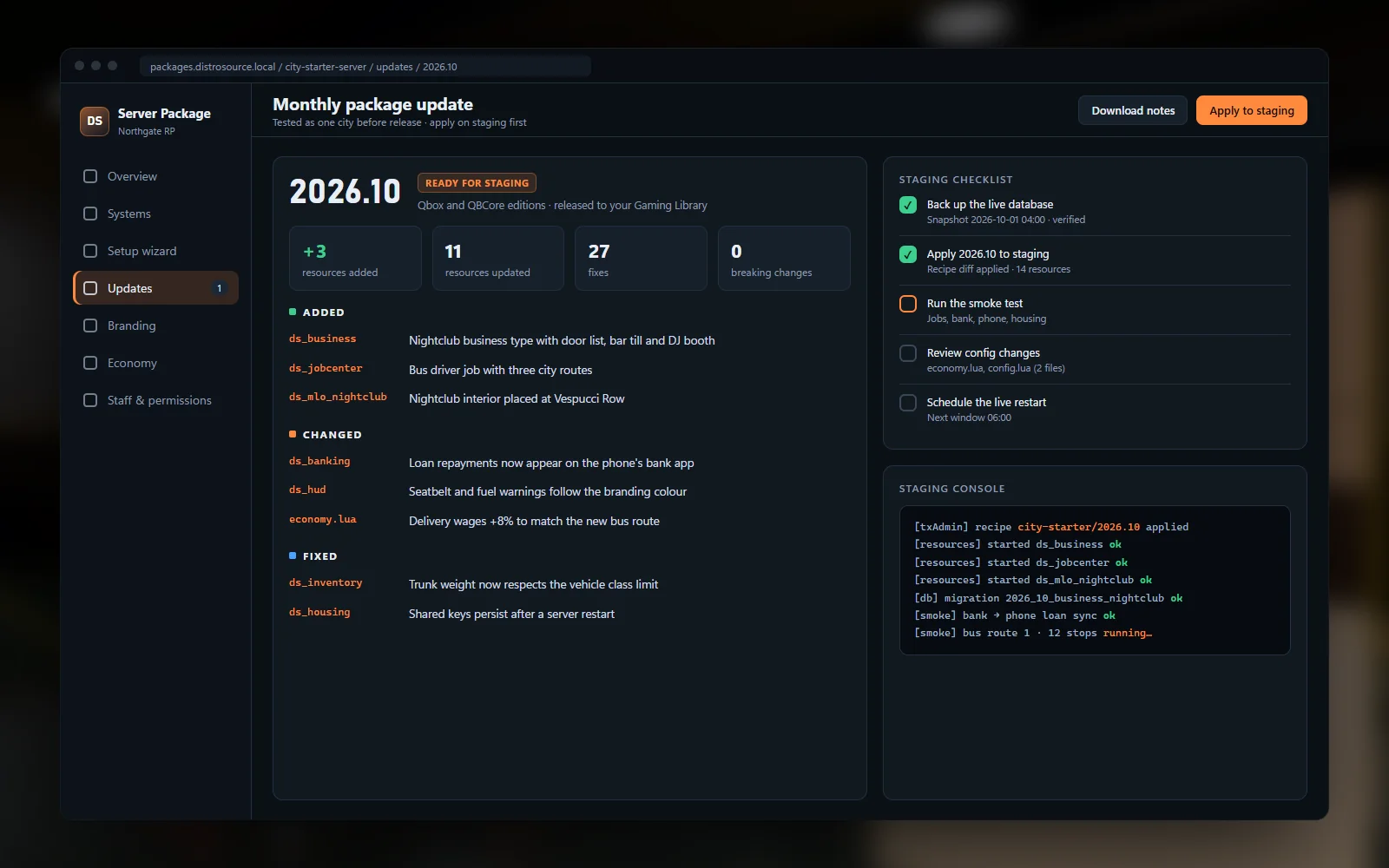 Monthly update changelog with staging checklist