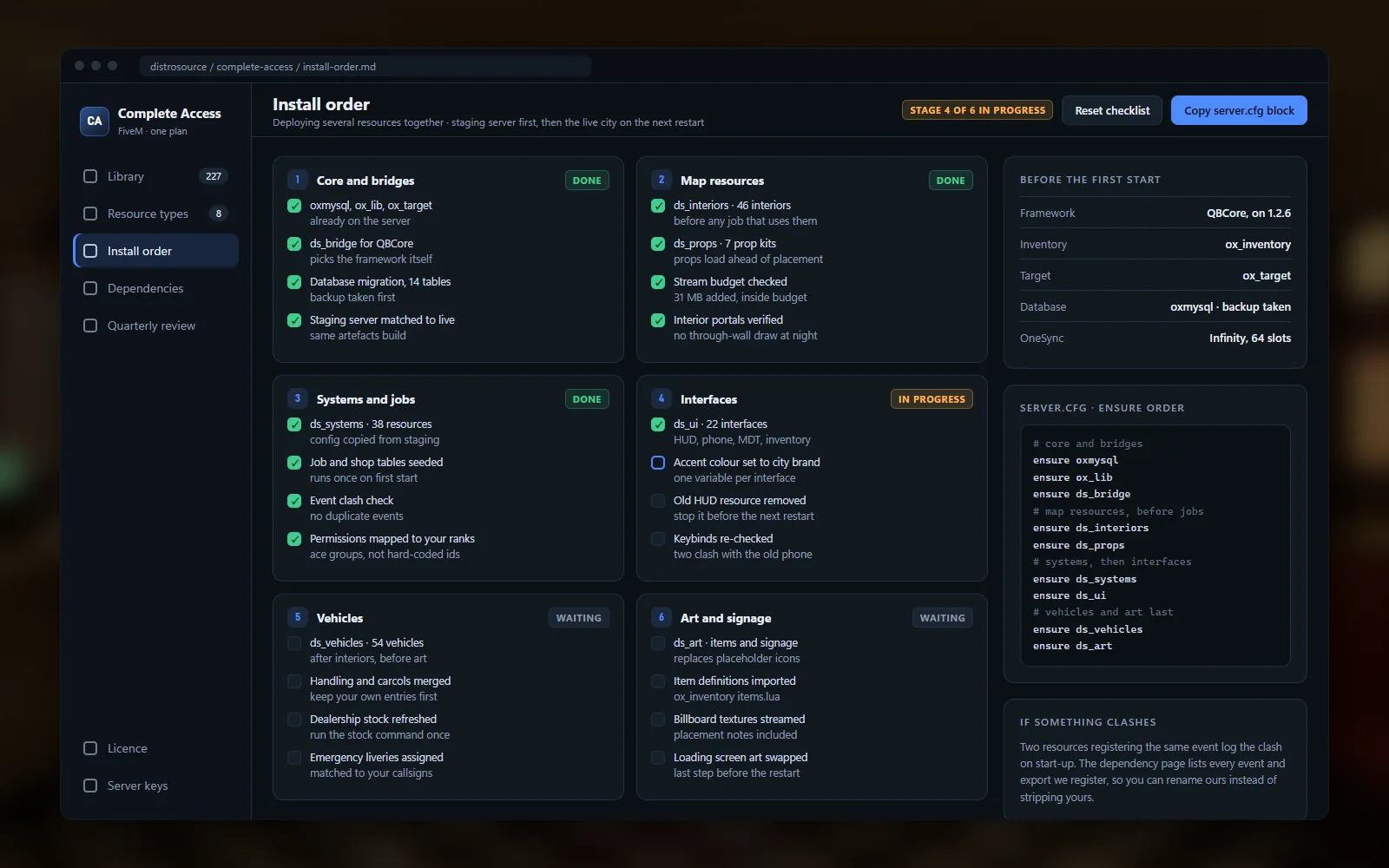 Install-order checklist across resource types with dependencies marked