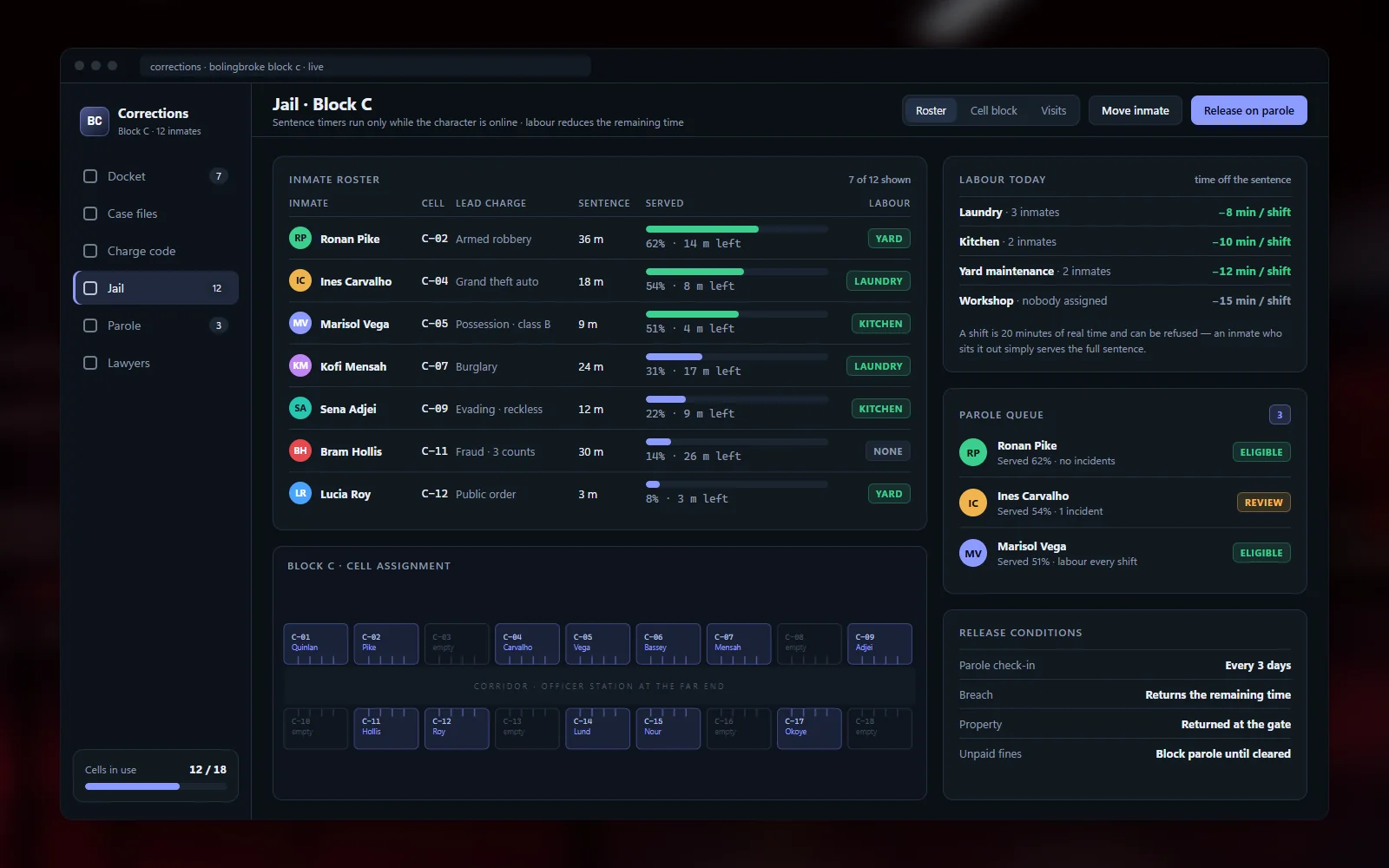 Jail roster with inmate sentence timers, labour tasks and the parole queue